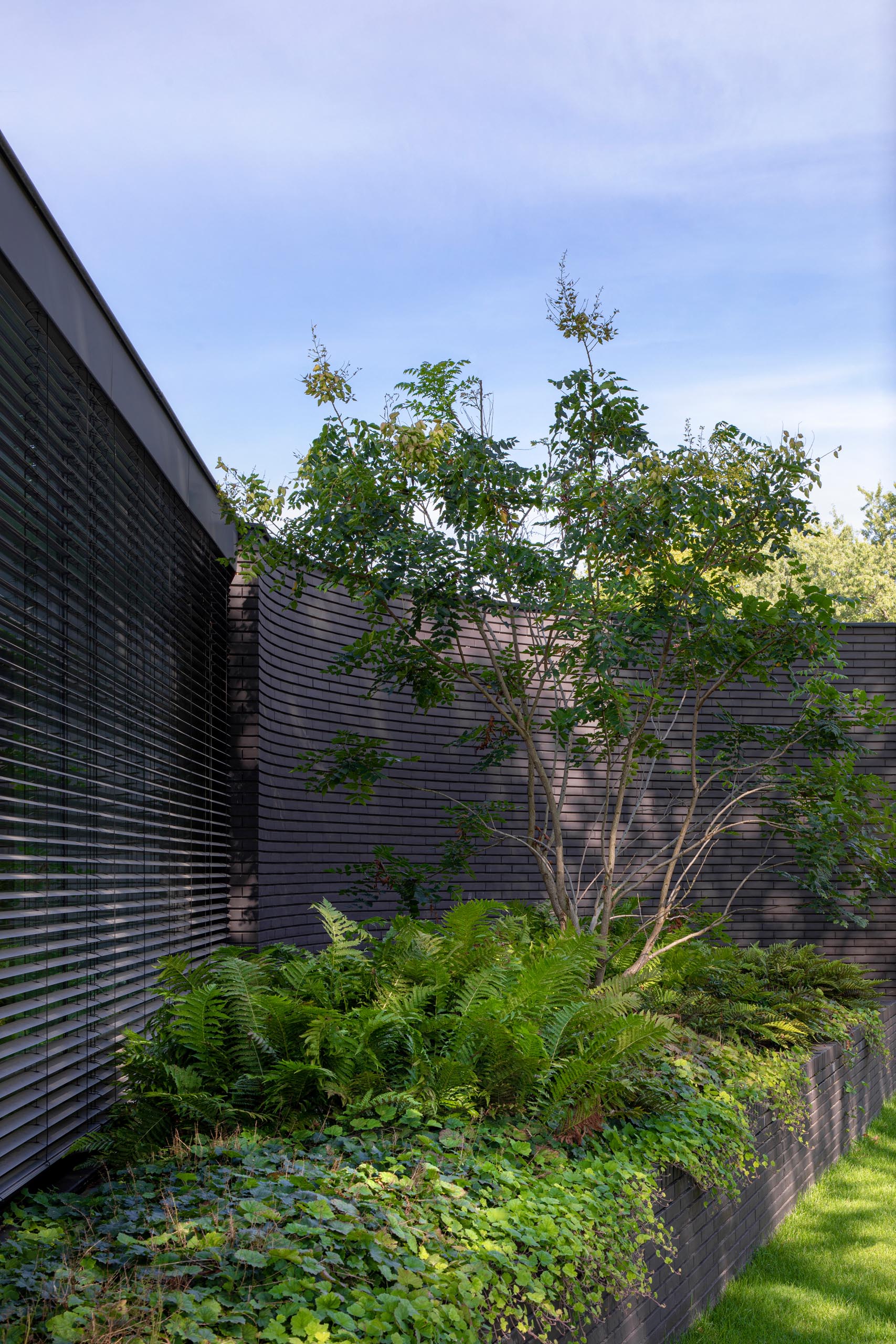 The black brick facade of this modern home features curves and has large integrated planters that highlight the lush greenery.
