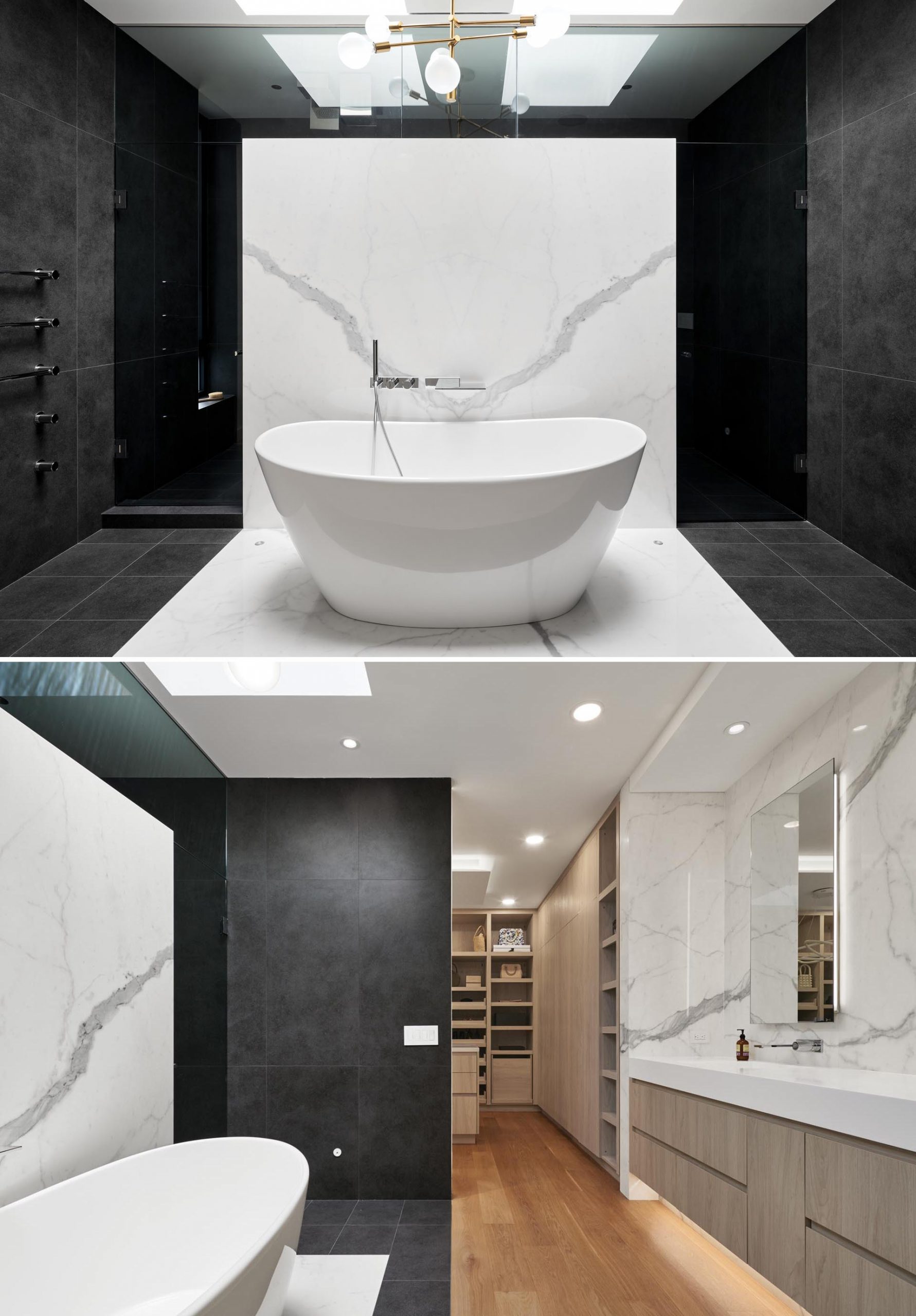 In this master bathroom, white and black porcelain slabs are combined to create a dramatic contrast. 