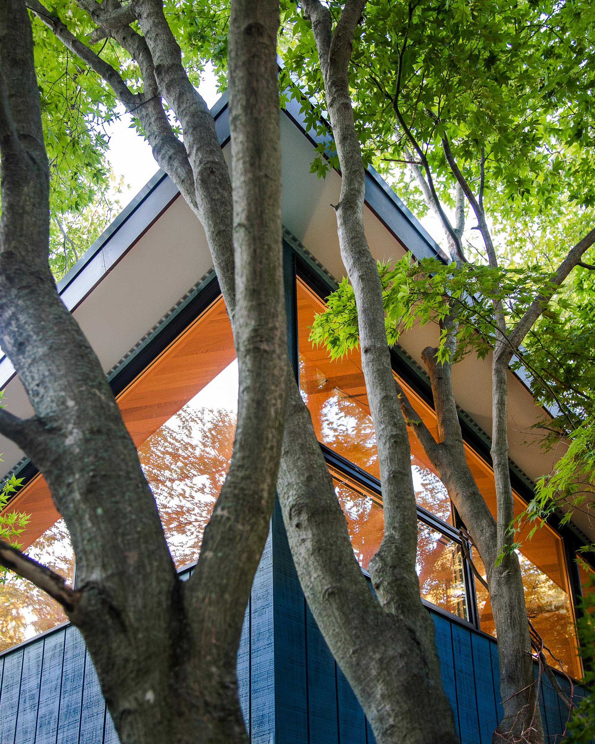 A blue home with windows that follow the shape of the sloped roof.