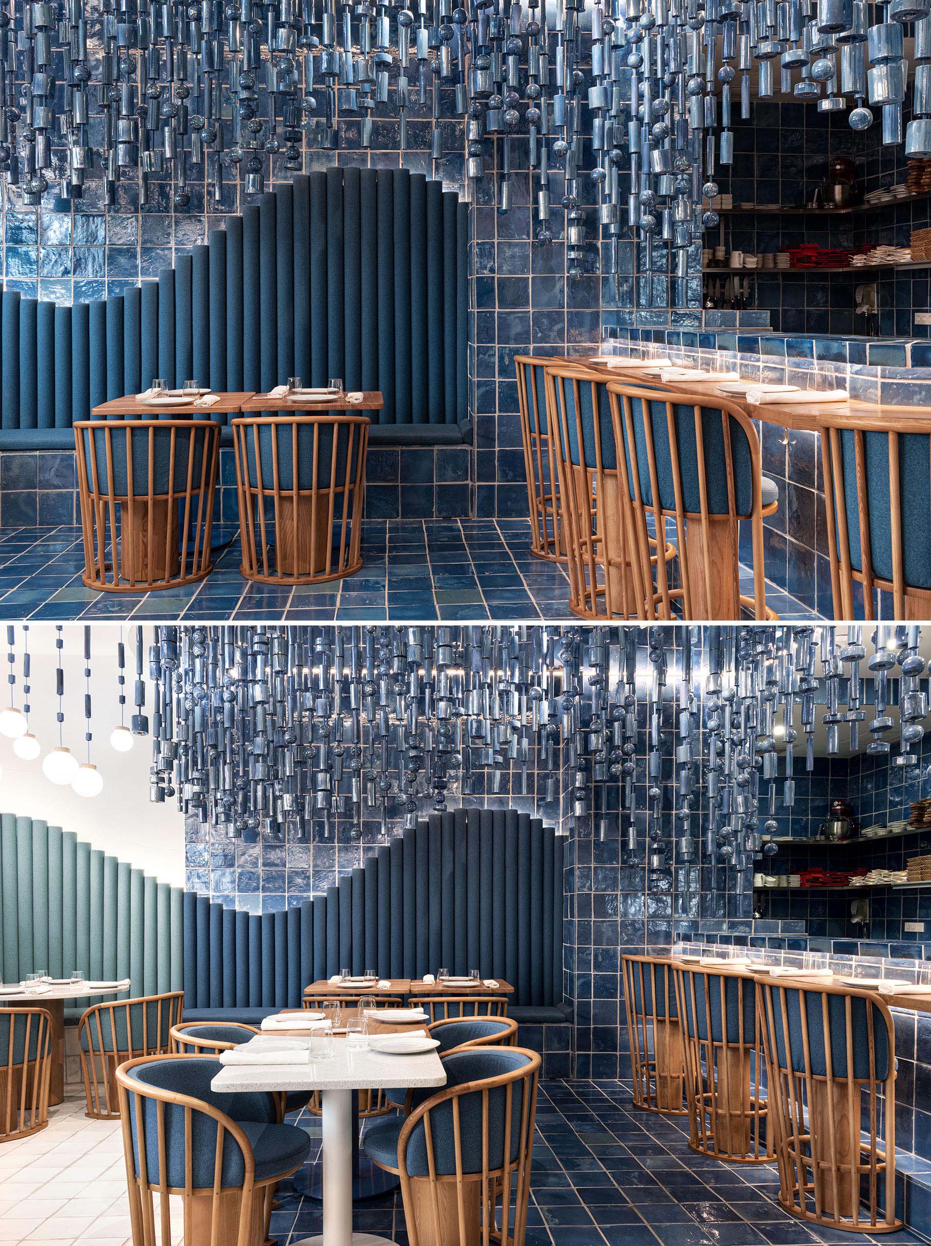 A modern restaurant with blue tiles was inspired by the sea and waves.