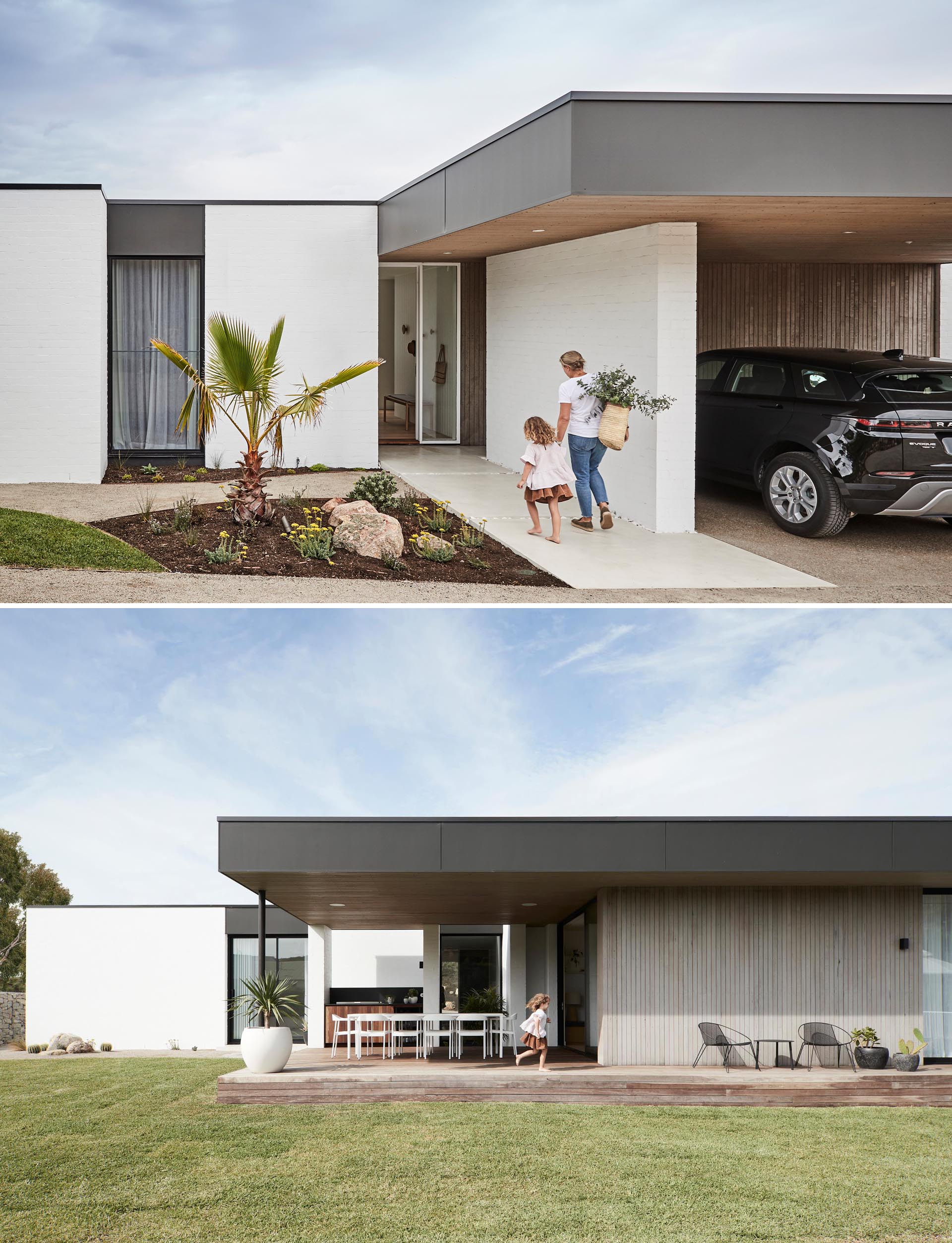 This single story modern home has an exterior palette of painted bricks and rough sawn timber, that are contrasted with black window frames and dark fascias. 