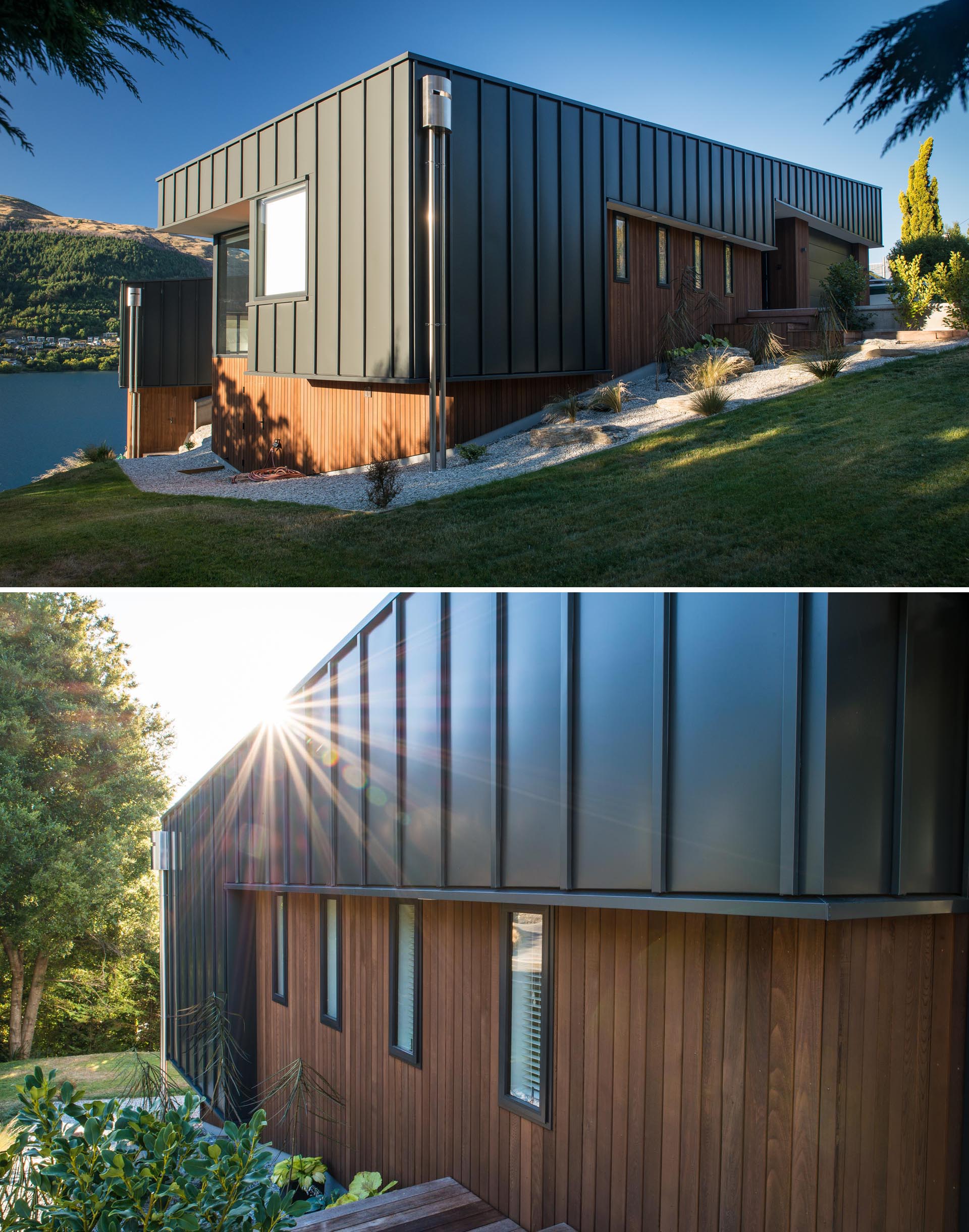 A modern house with matte black metal siding and wood accents.