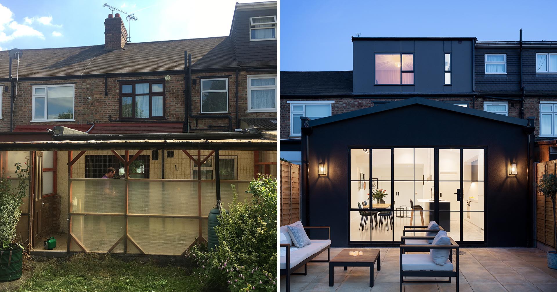 Before & After - A modern house extension that includes a new kitchen and dining room.