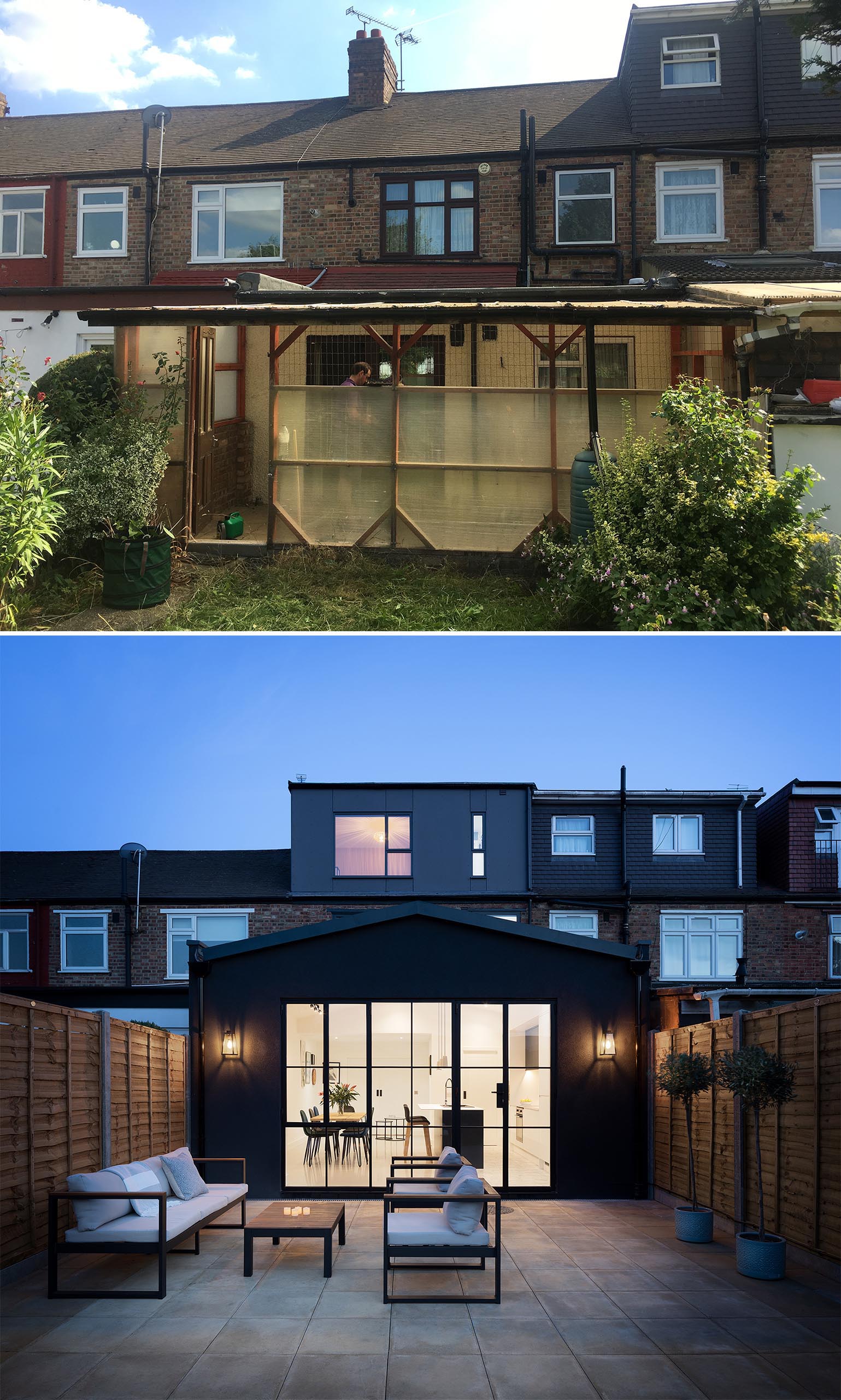 Before & After - A modern house extension that includes a new kitchen and dining room.