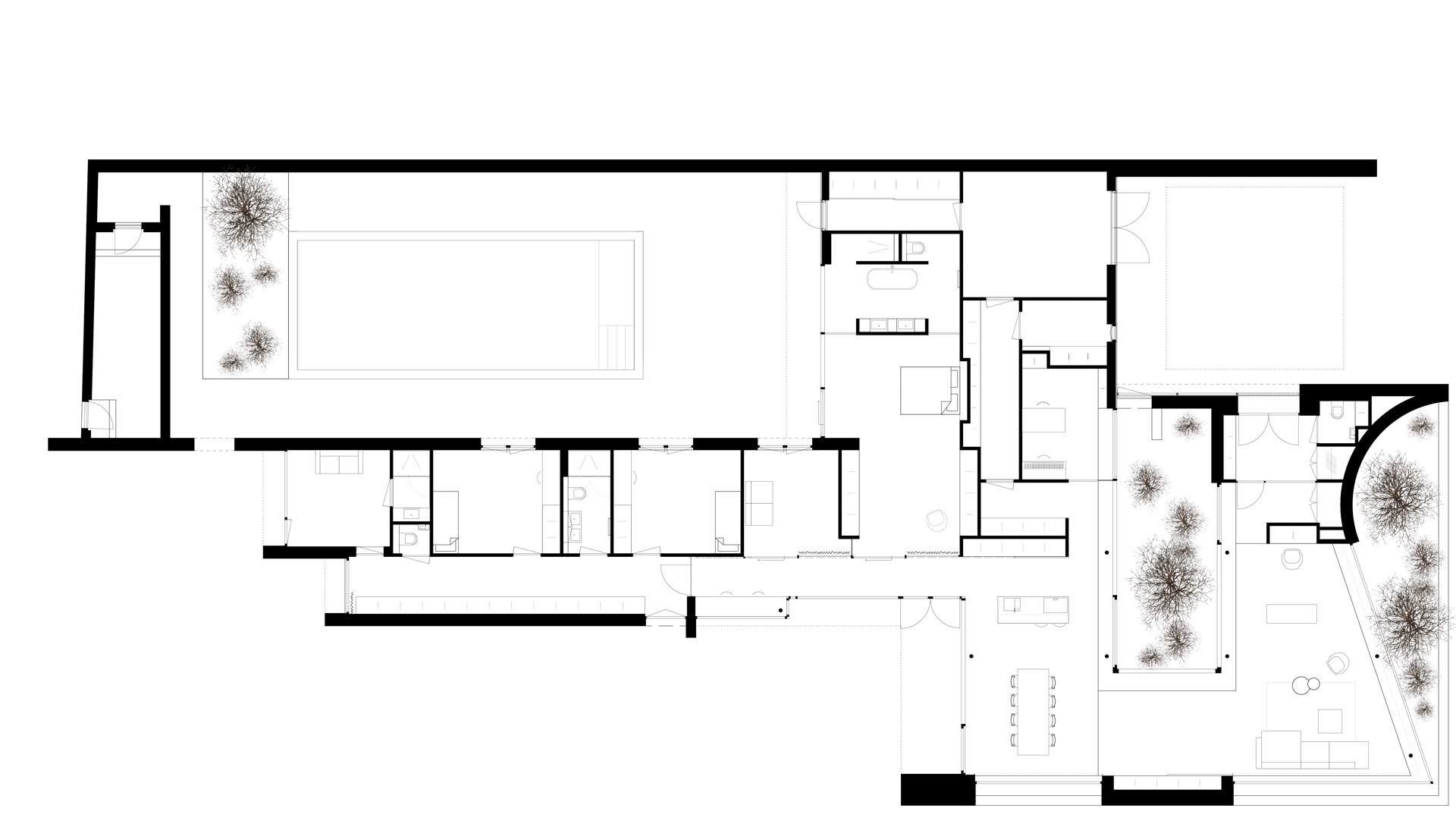 The floor plan of a modern single level home with a swimming pool.