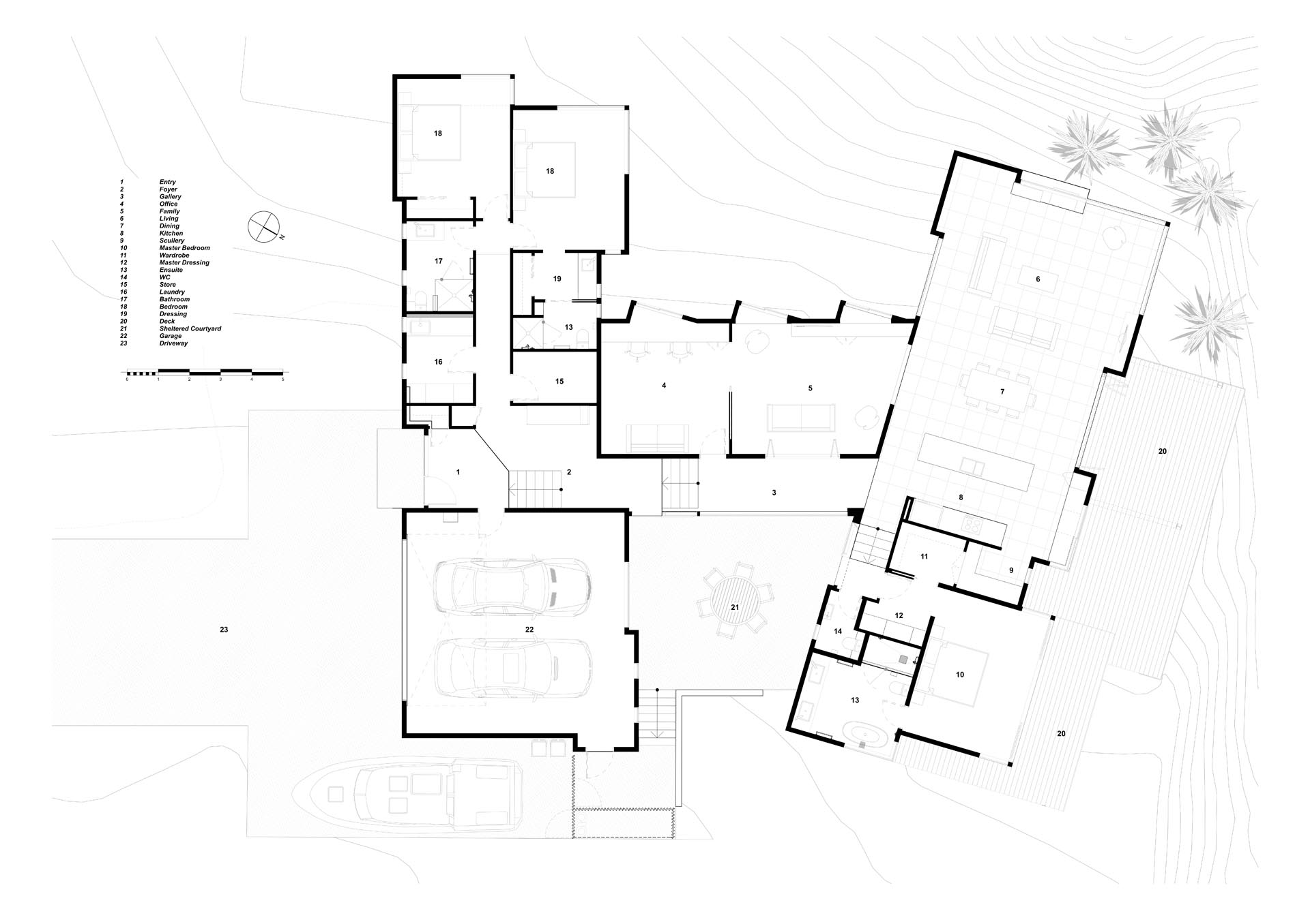 A modern house floor plan with a sheltered courtyard.