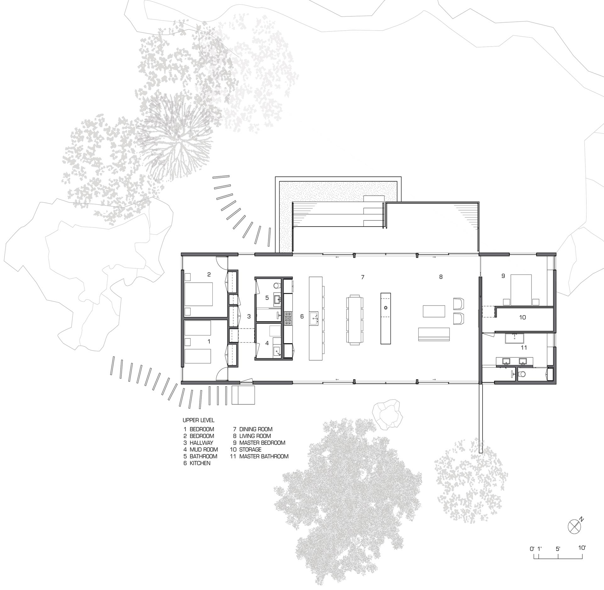 The floor plan for a modern single story house with three bedrooms.