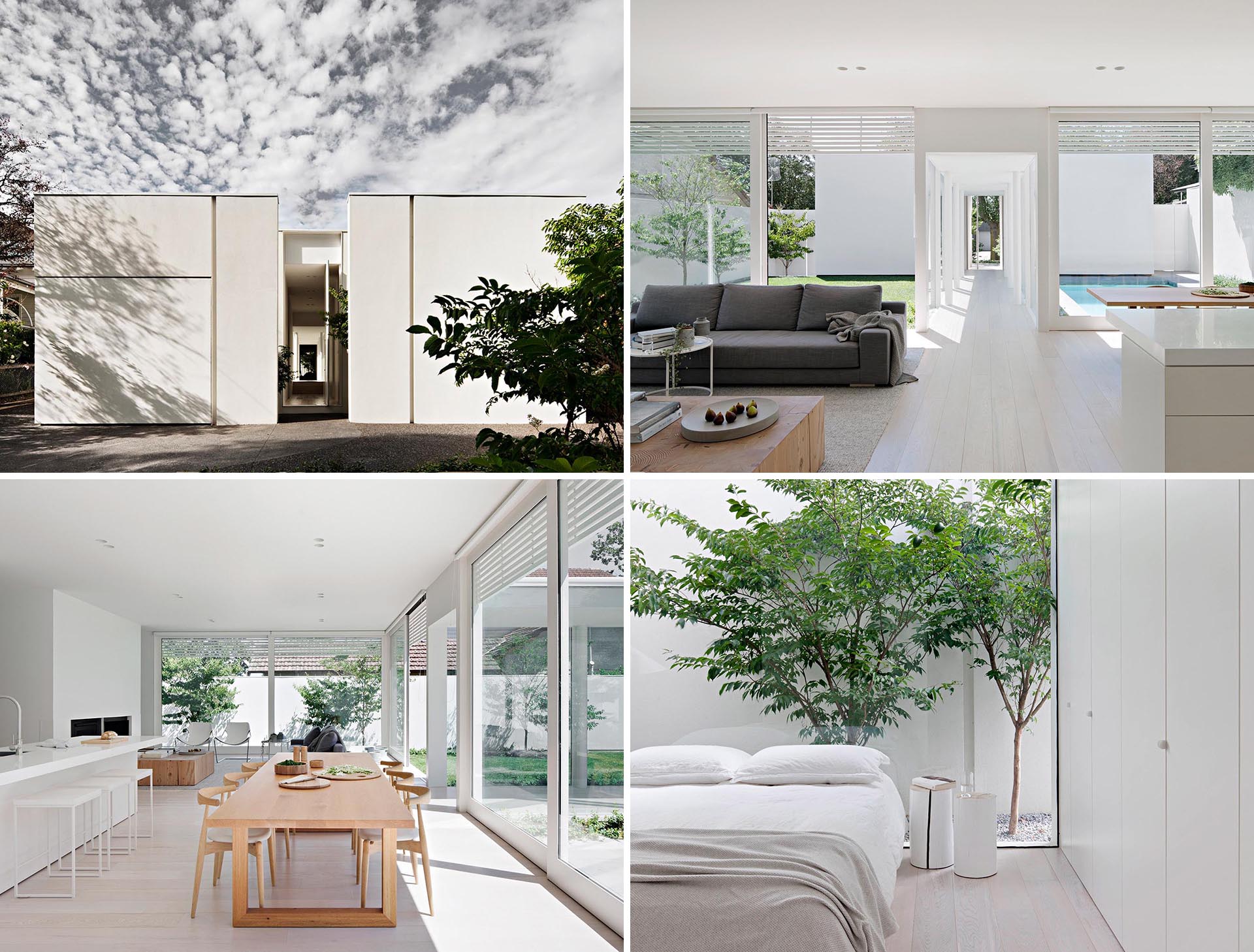 A modern house with a white exterior, and a matching bright white interior.