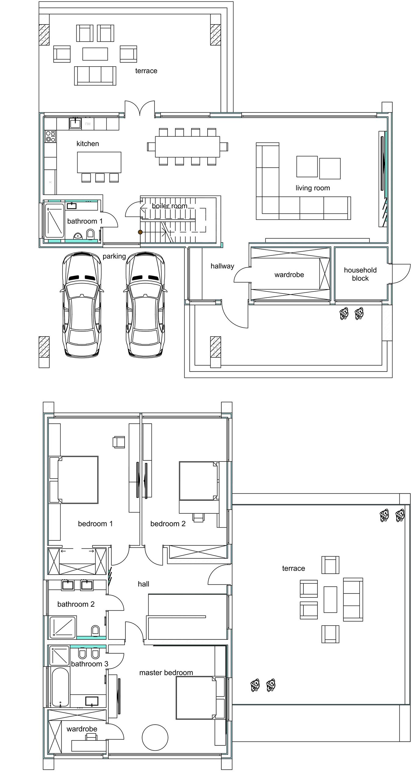 The floor plan of a modern to story home with three bedrooms.