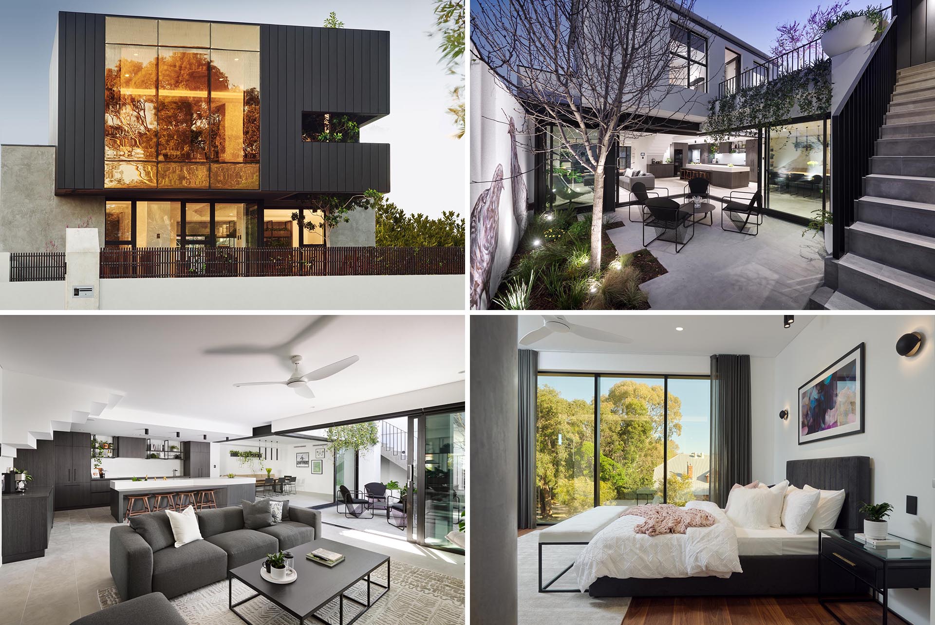 A modern house with an open floor plan and a grey color palette.