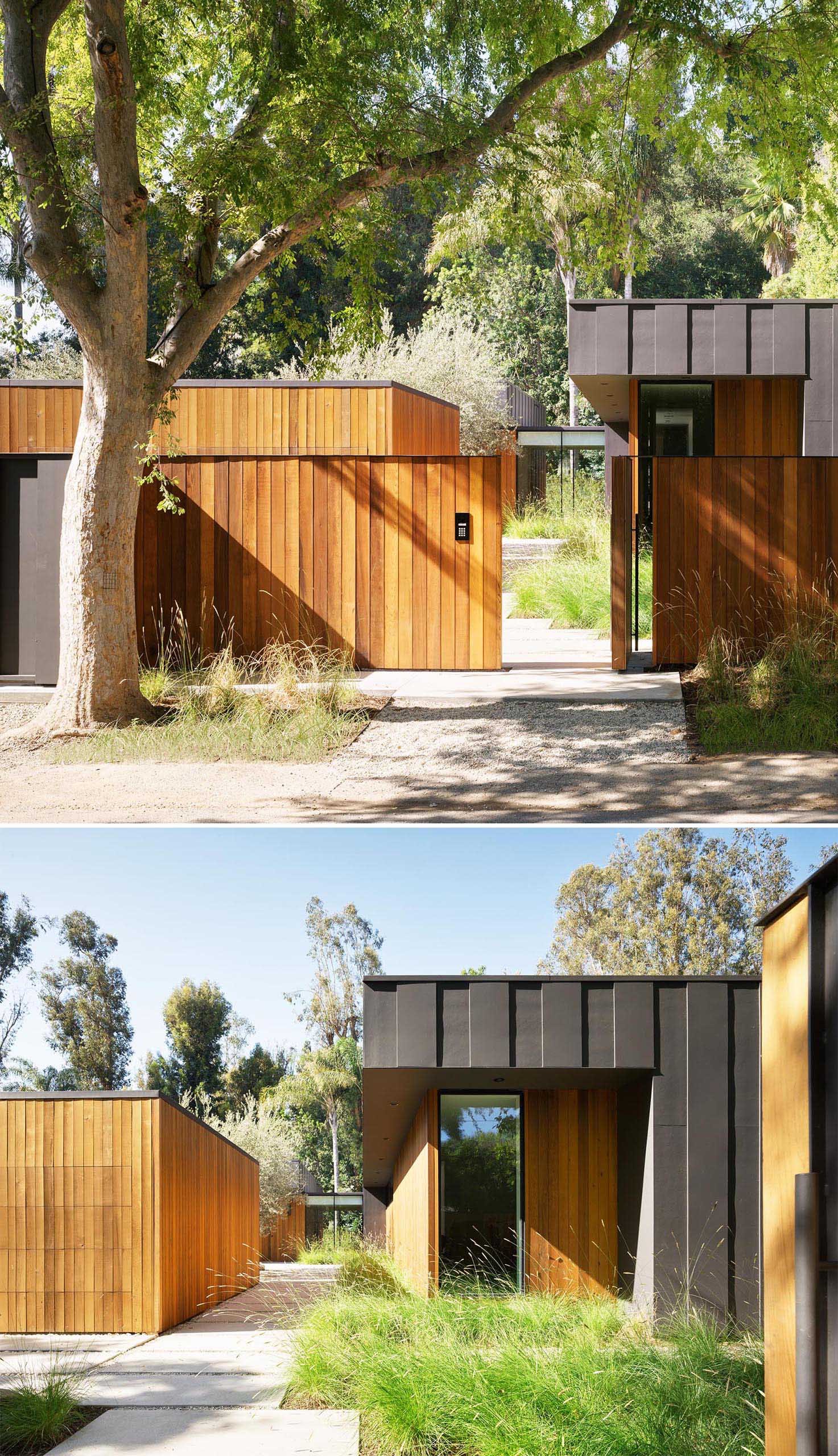A modern house that showcases Western Red Cedar together with oversized charcoal-colored board and batten and cement board siding.