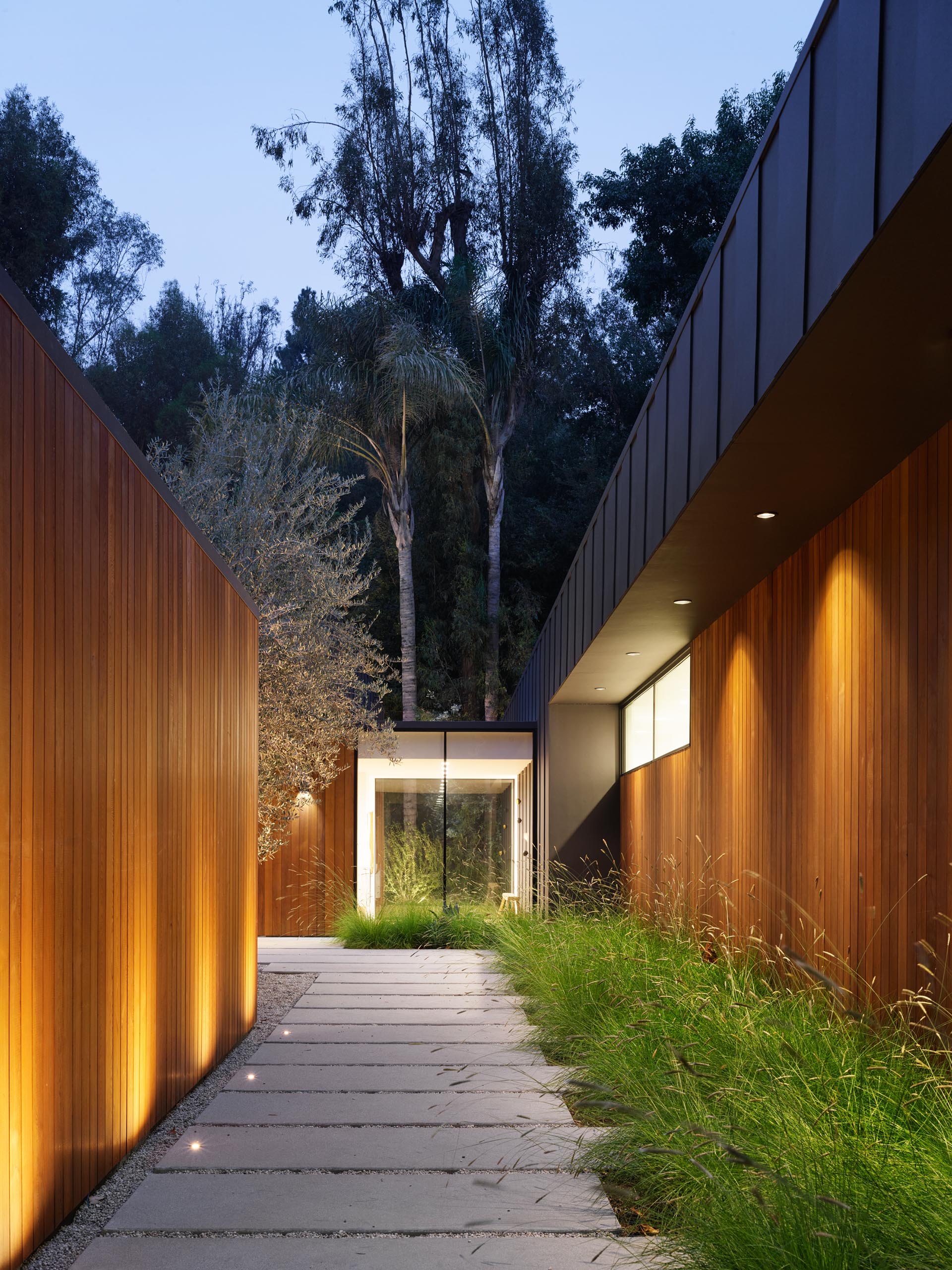 A walkway of concrete pavers lined by wild grasses and lighting lead visitors to the front door. 