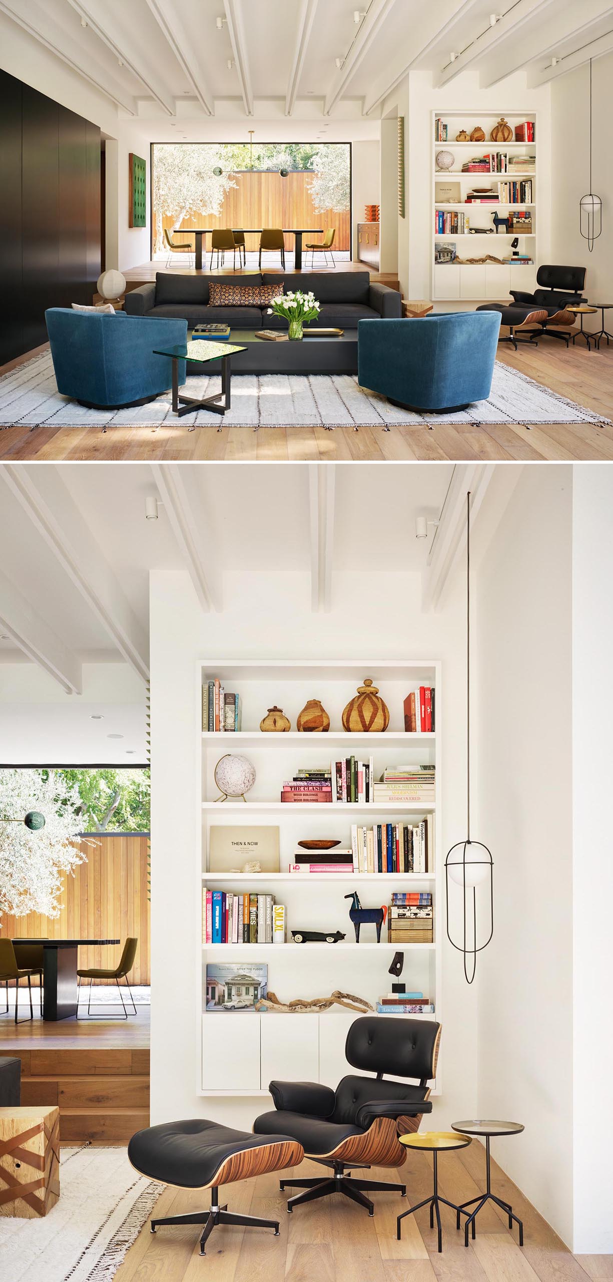 A modern living room with a reading area that has a built-in bookshelf.