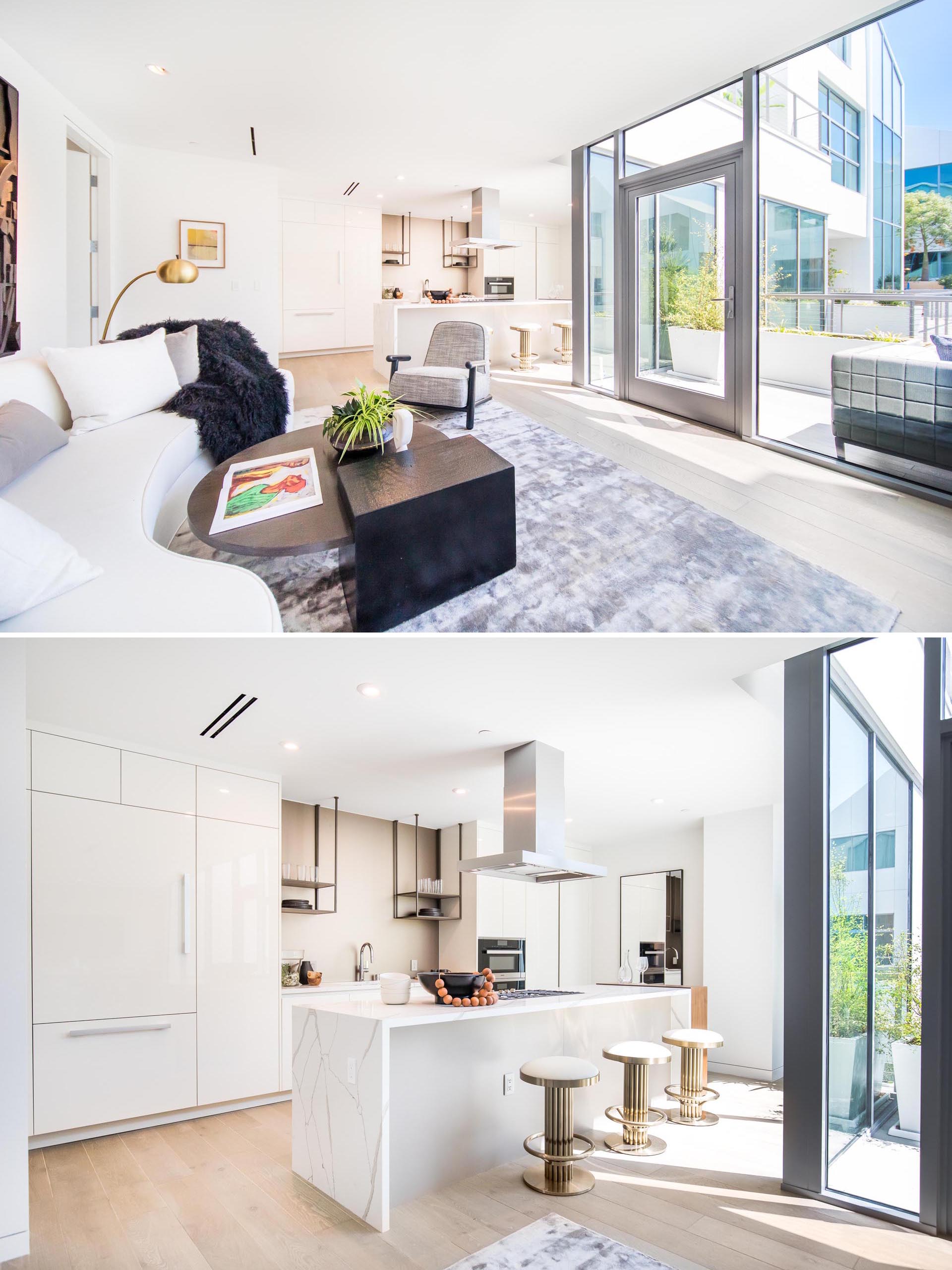 A modern open plan interior with light color palette and black accents.