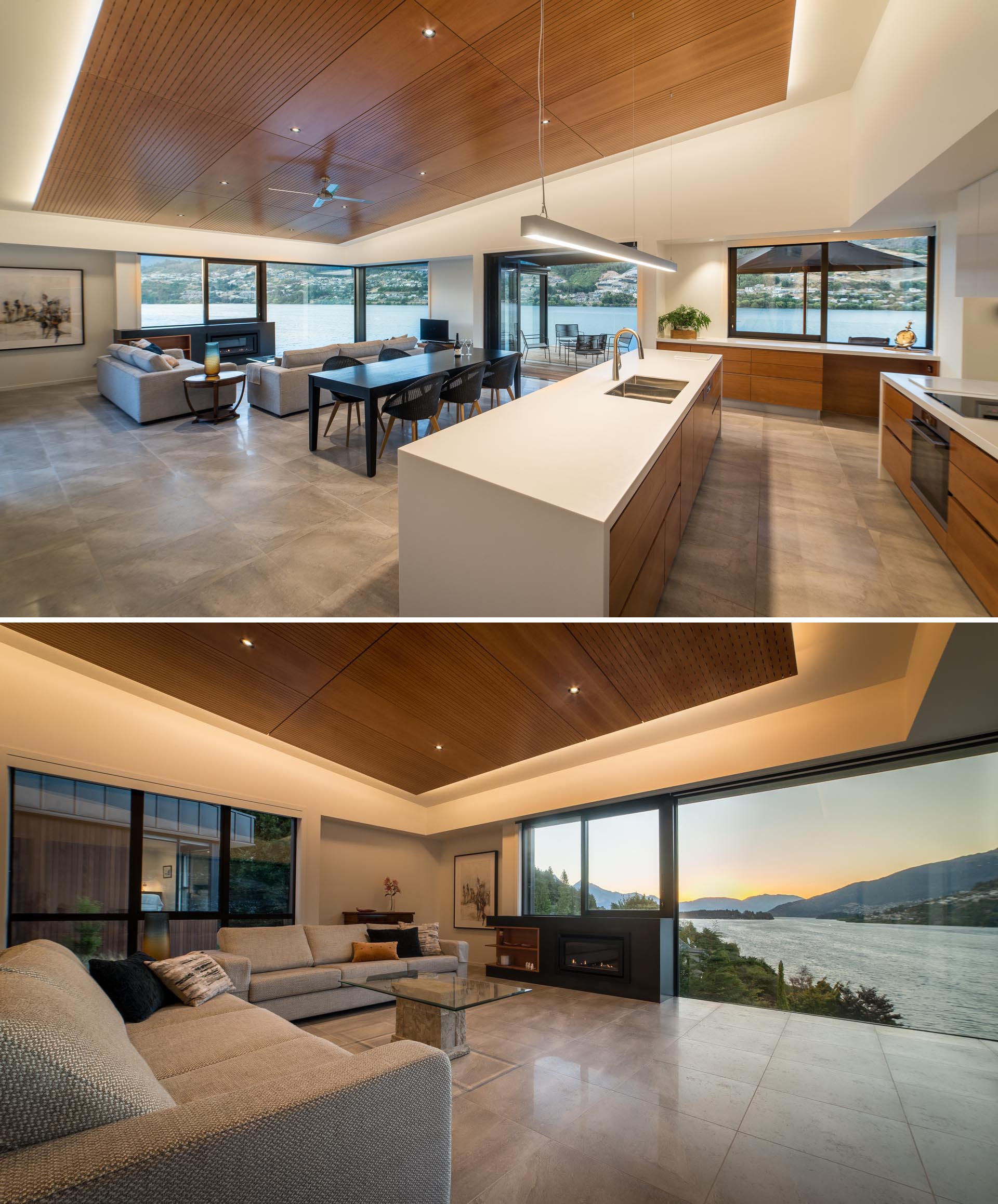 An open plan interior with a wood ceiling accent and hidden lighting.