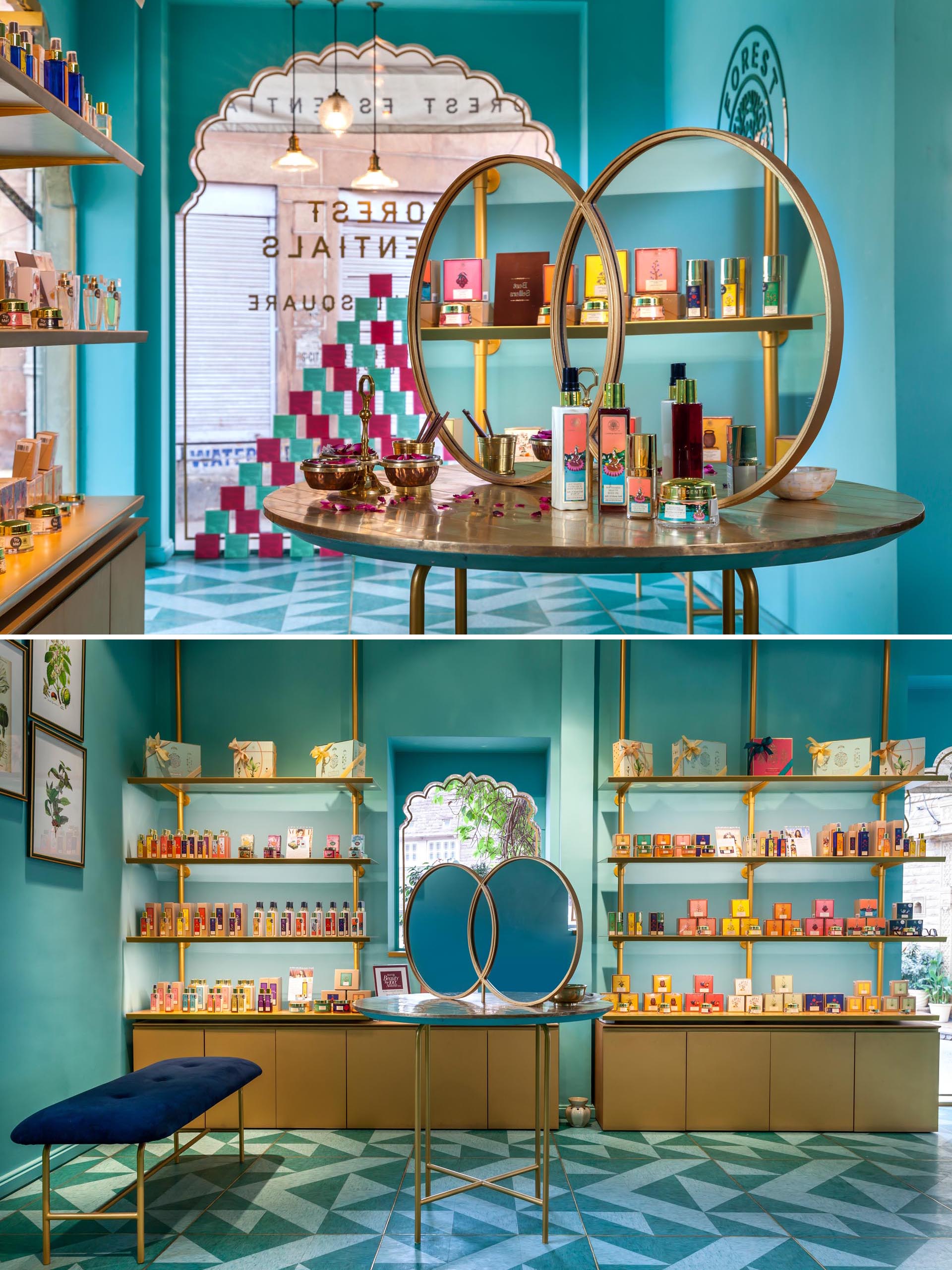 A modern retail store with bright teal blue/green walls and gold accents.