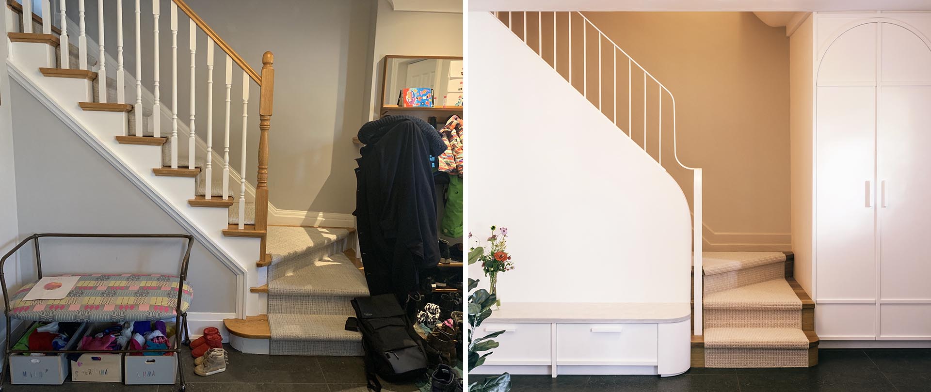 A renovated stairway now includes a built-in bench and extra deep closet.