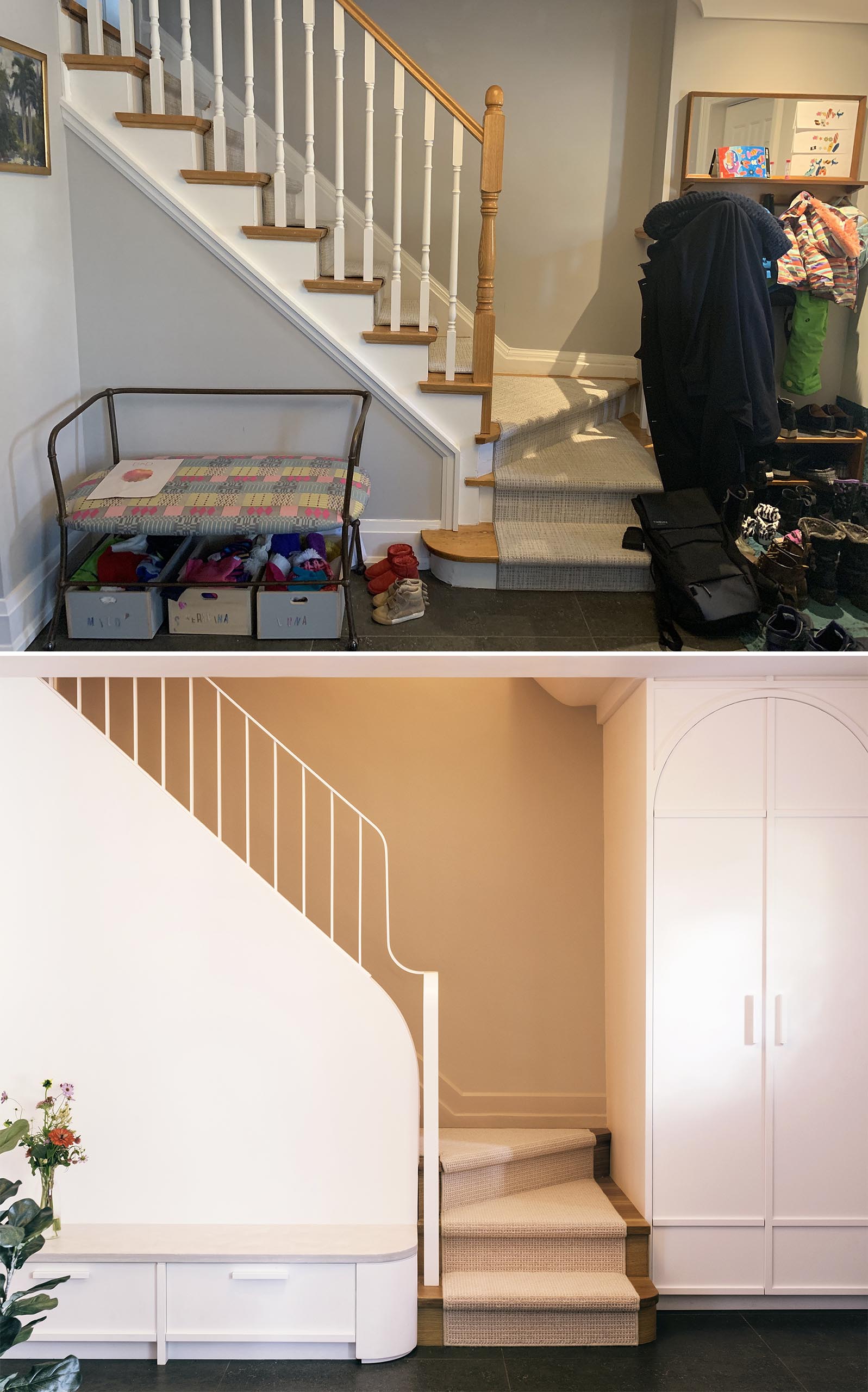 A renovated stairway now includes a built-in bench and extra deep closet.