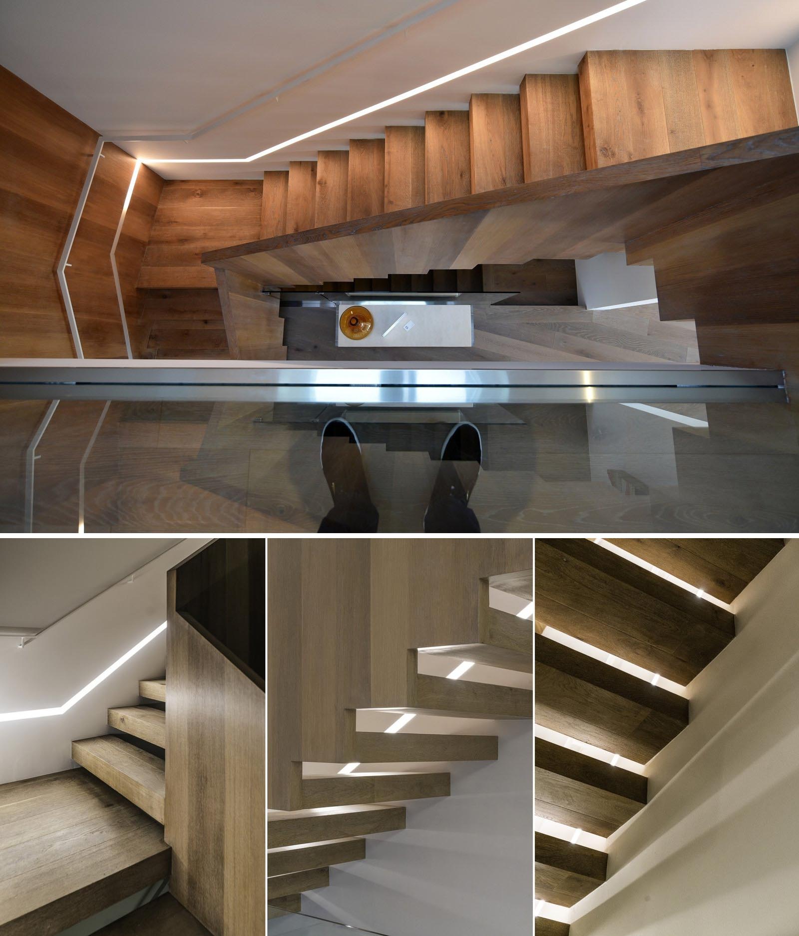 Modern wood stair lit by lighting built into the wall.