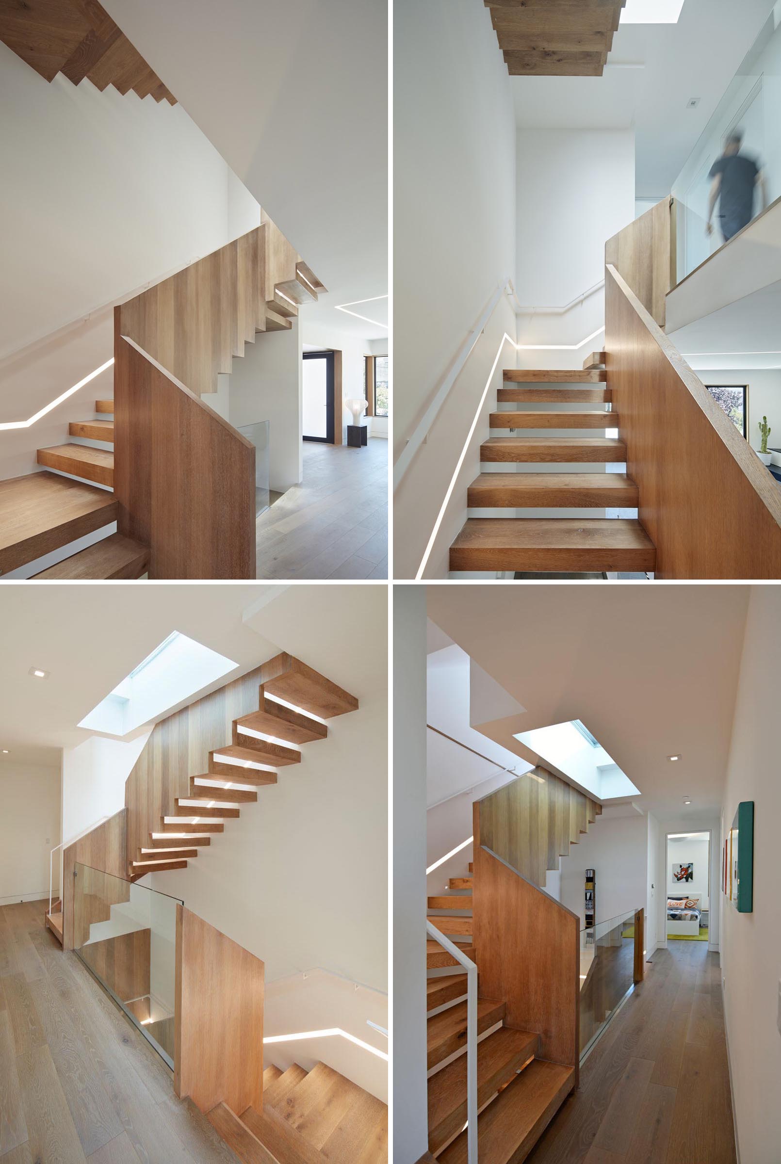 Modern wood stairs with lighting built into the wall.