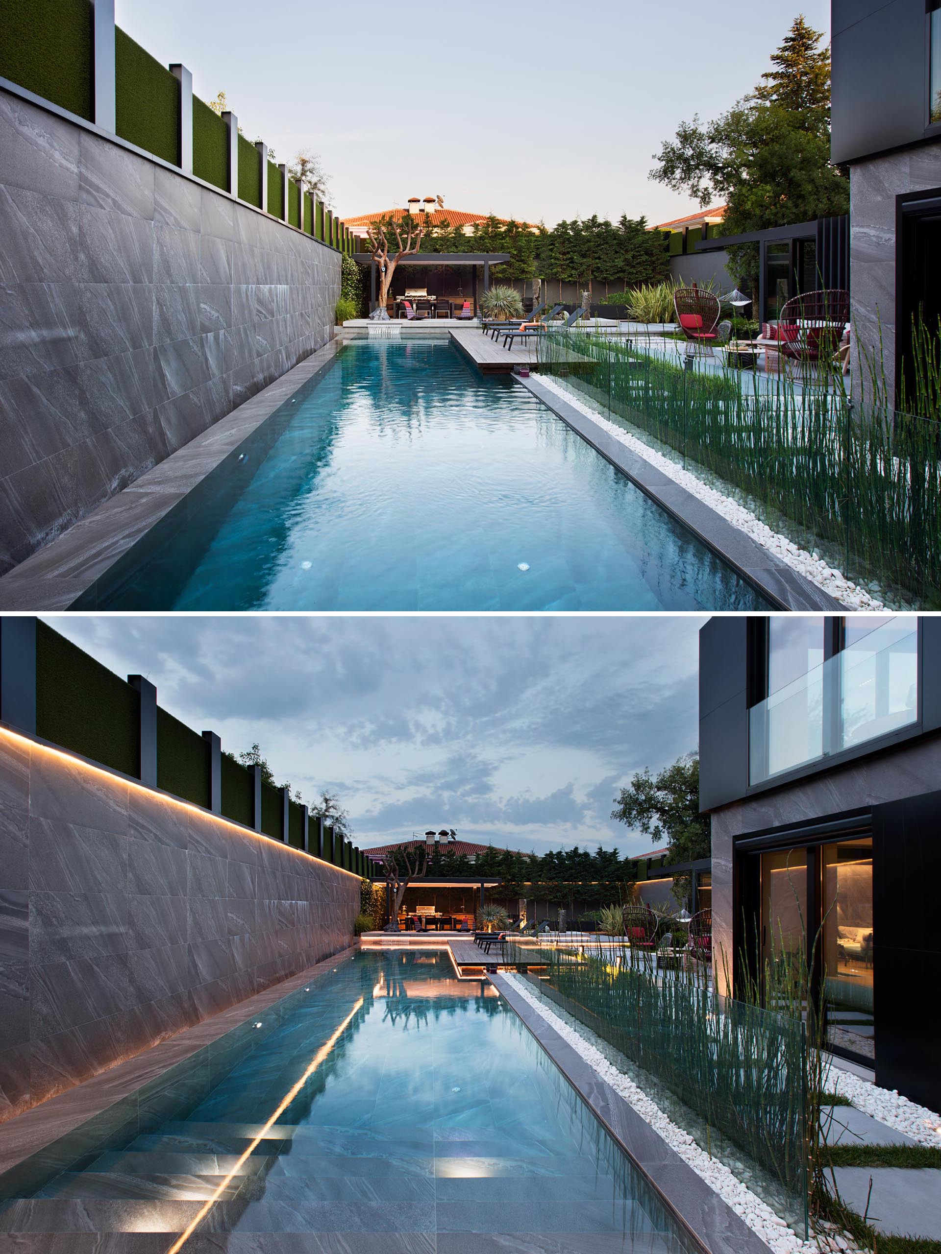 A modern swimming pool with hidden lighting.