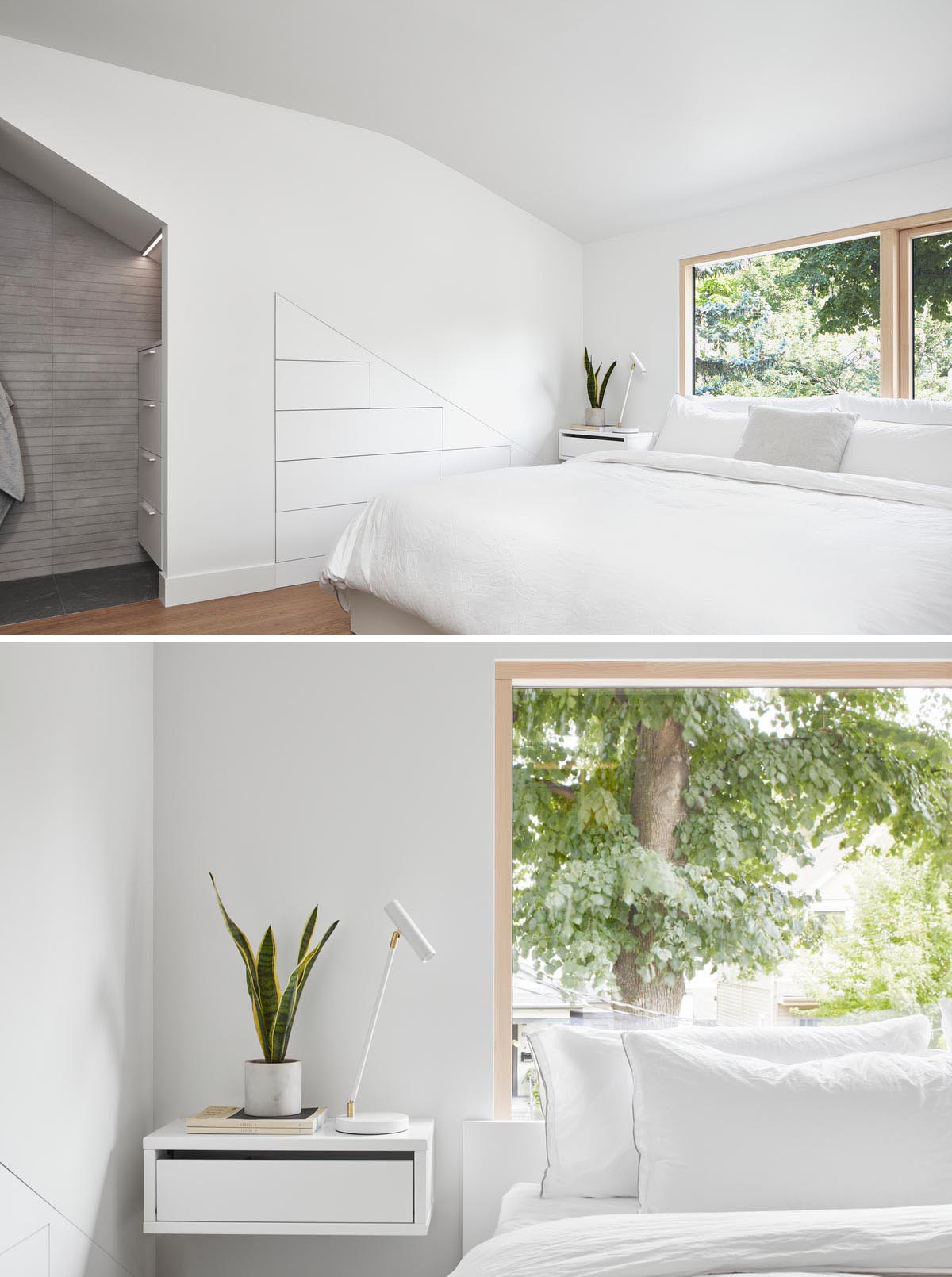 A modern Scandinavian bedroom design with built-in storage in the wall, and in a small alcove.