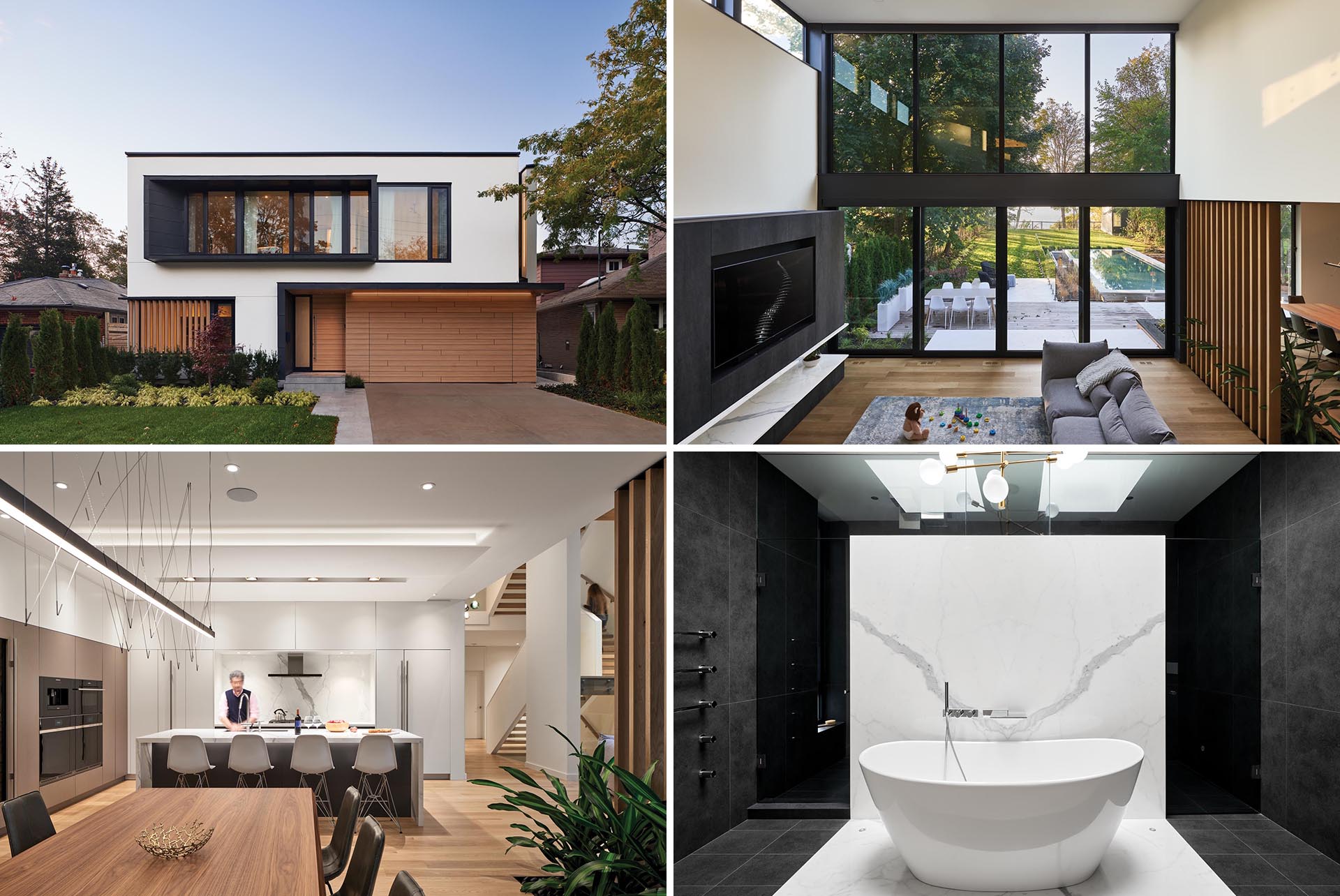 A modern house with a double-height ceiling, a bright interior, and a dramatic master bathroom.