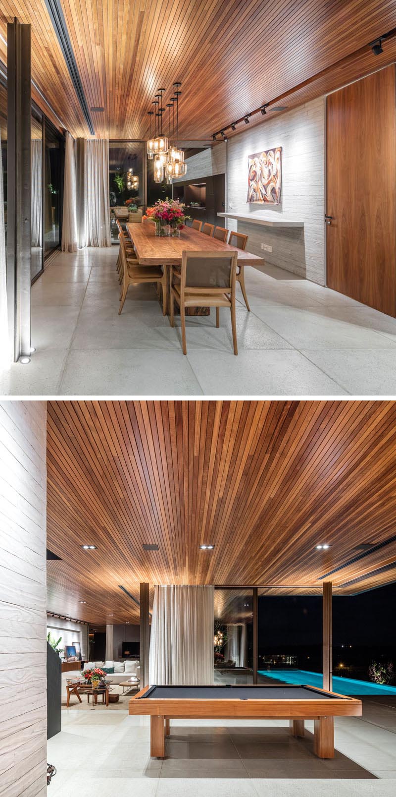 A modern interior with a seamless wood ceiling.