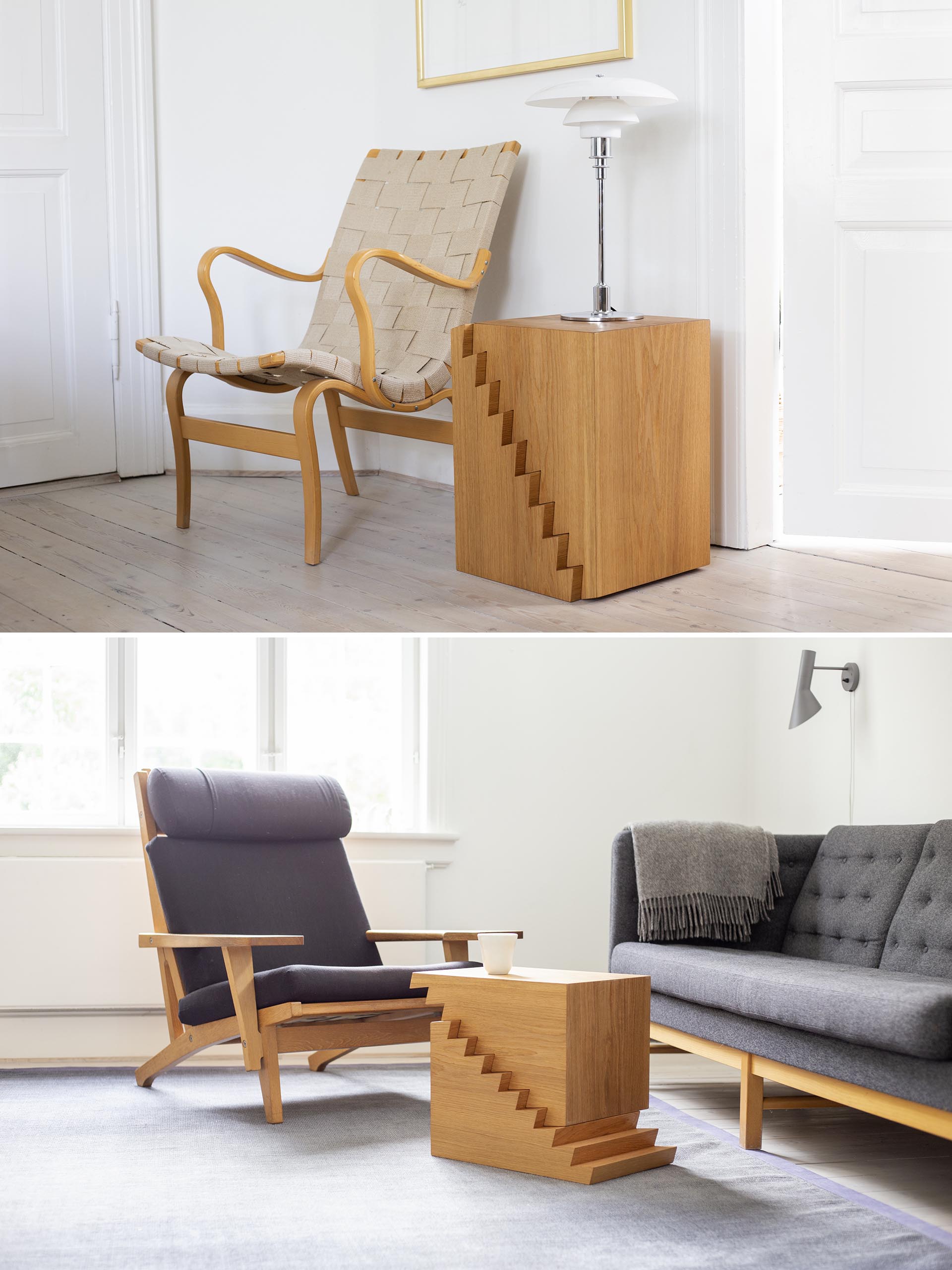 An adjustable wood side table with a saw-tooth design.