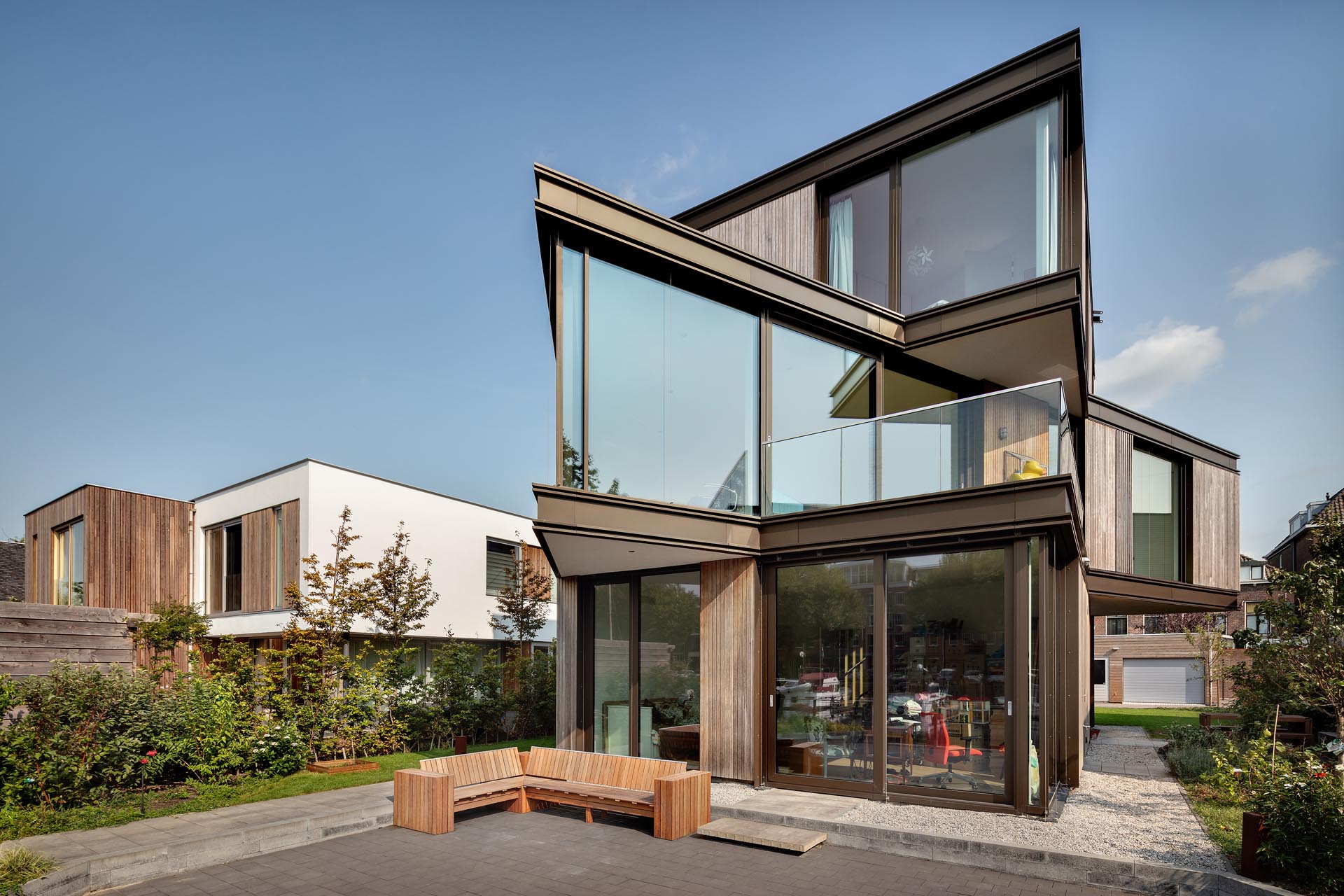 A modern house with angled middle floor.