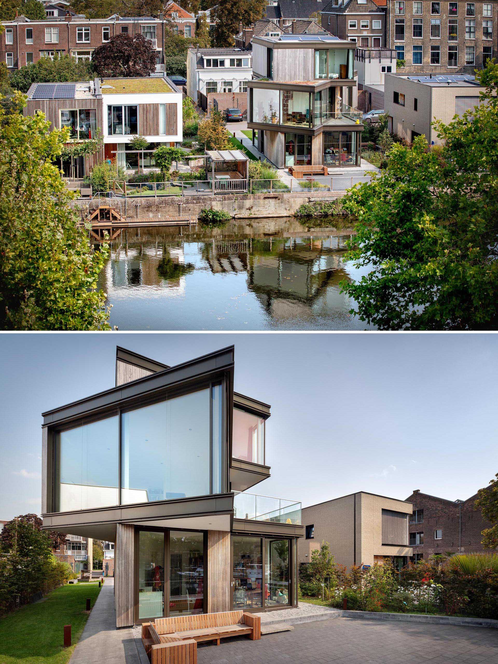 A modern house with an angled middle floor.