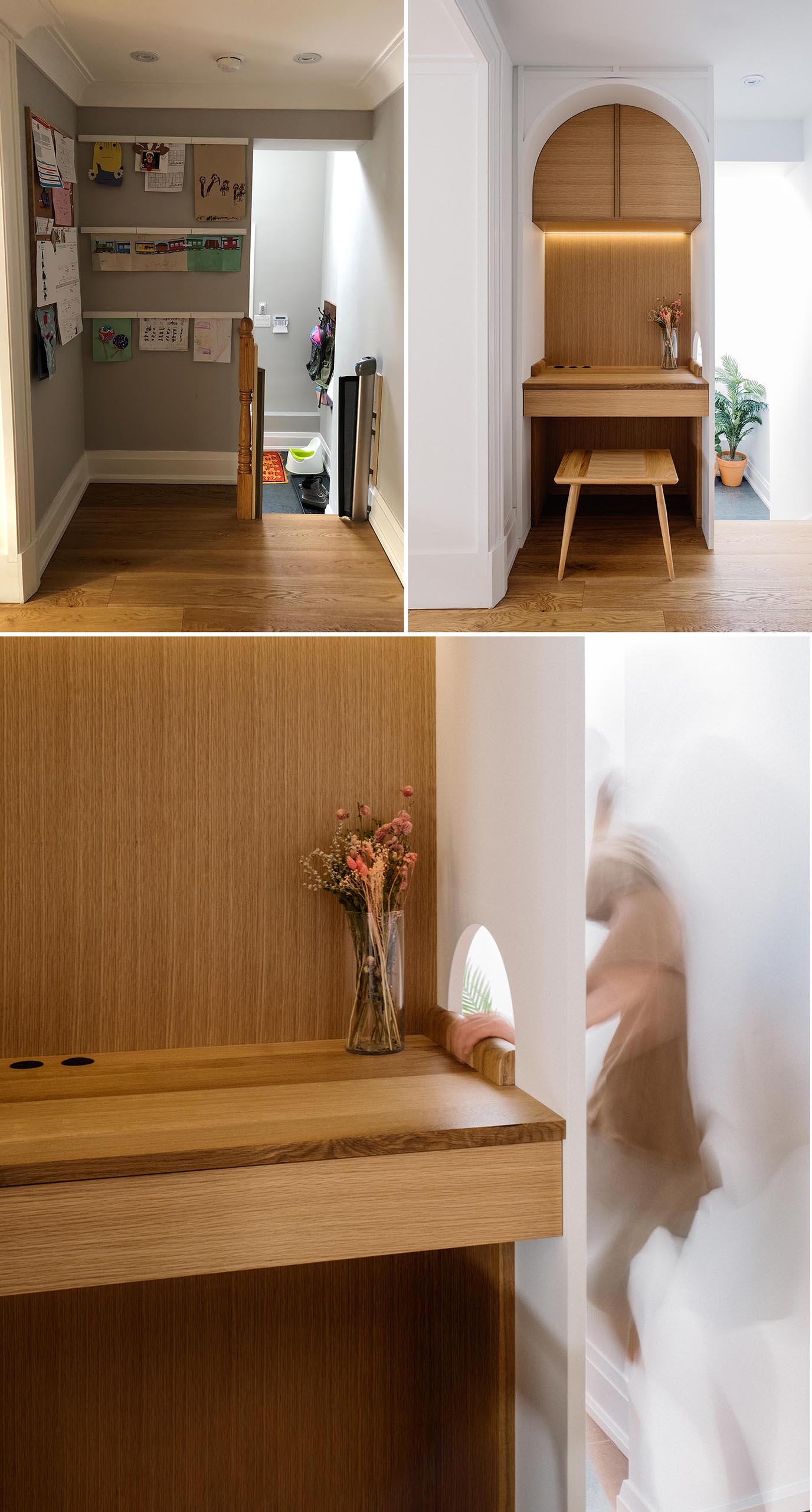 An awkward space was transformed into a built-in desk for working at home.