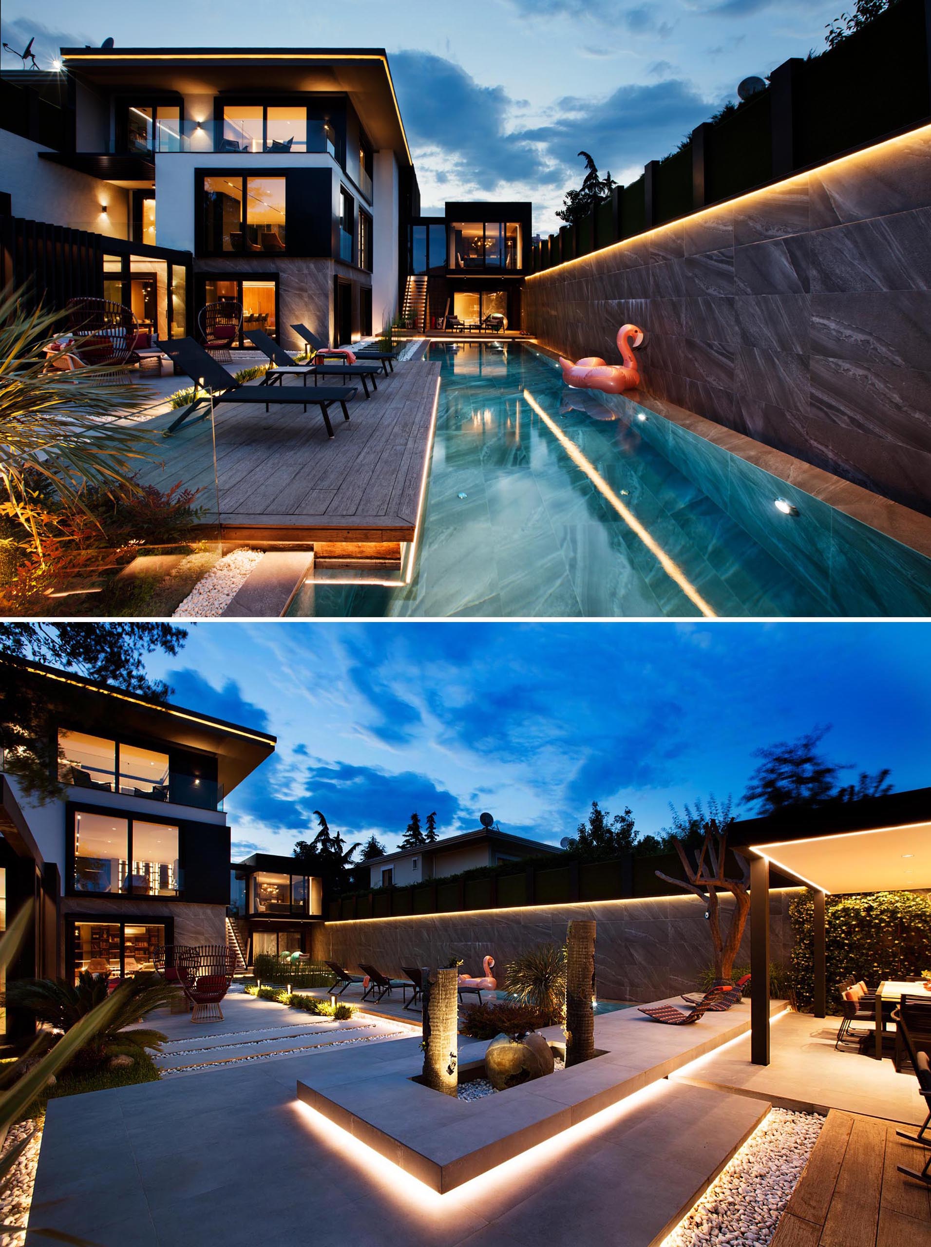 A modern house and swimming pool with extensive hidden lighting.