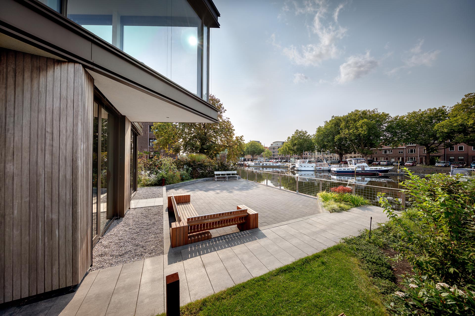 A patio that looks out to a waterway.