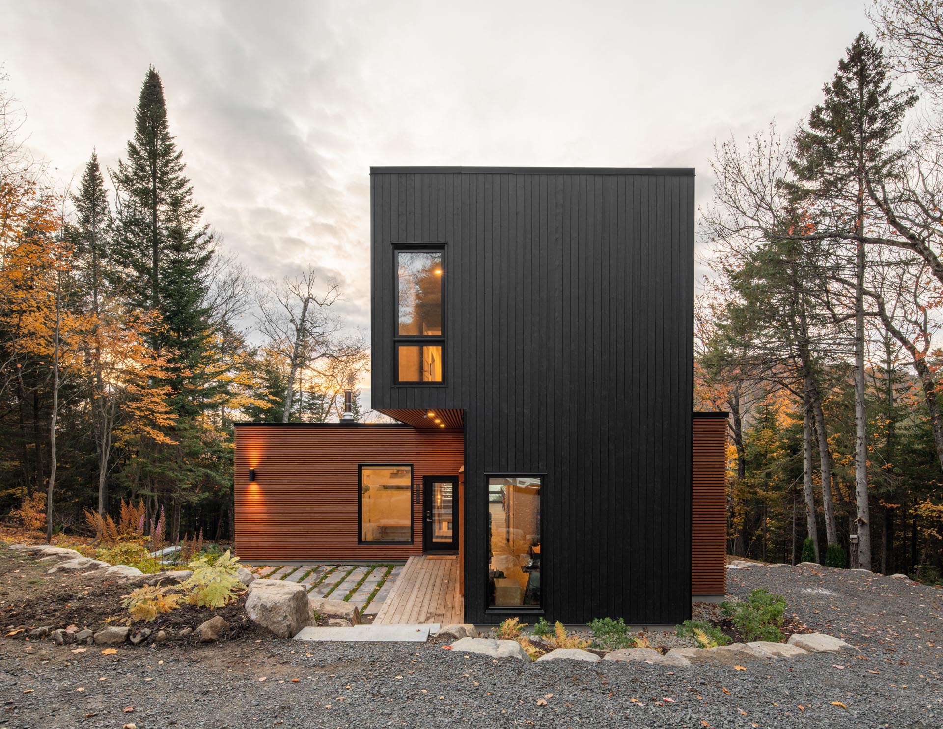 A modern prefab country home made from five custom designed modules that were installed on site.