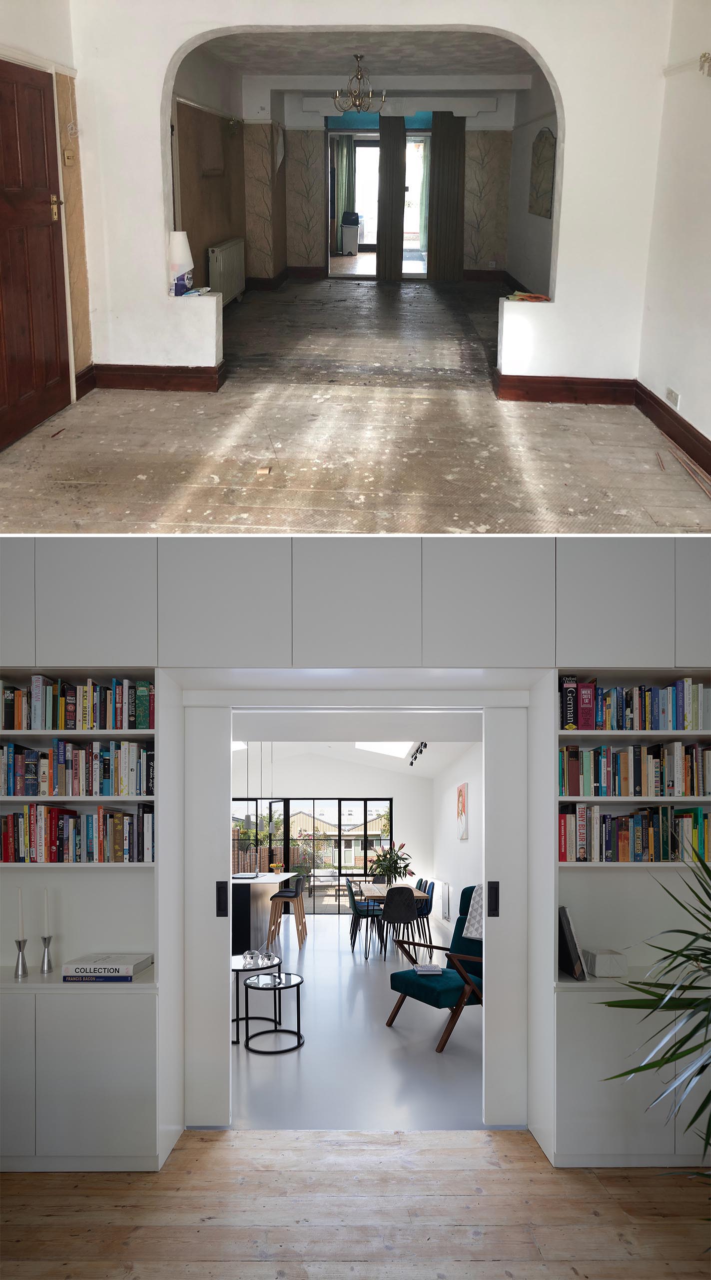 A new doorway with sliding doors surrounded by shelving and cabinets.