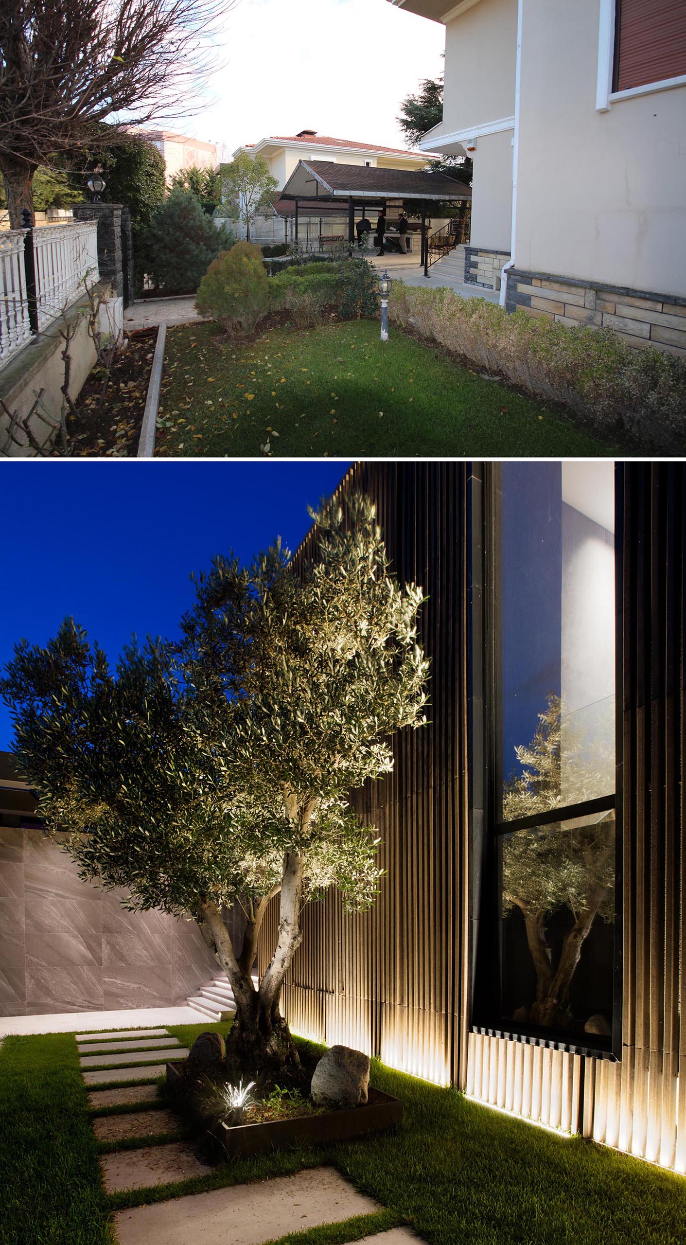 A yard renovation that includes a new garden path, large tree, and exterior lighting.