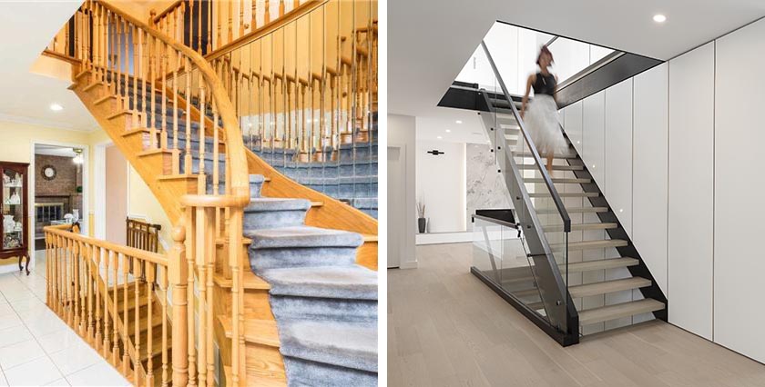 A 1970s curved wood staircase replaced by a modern black steel, glass, and wood staircase.