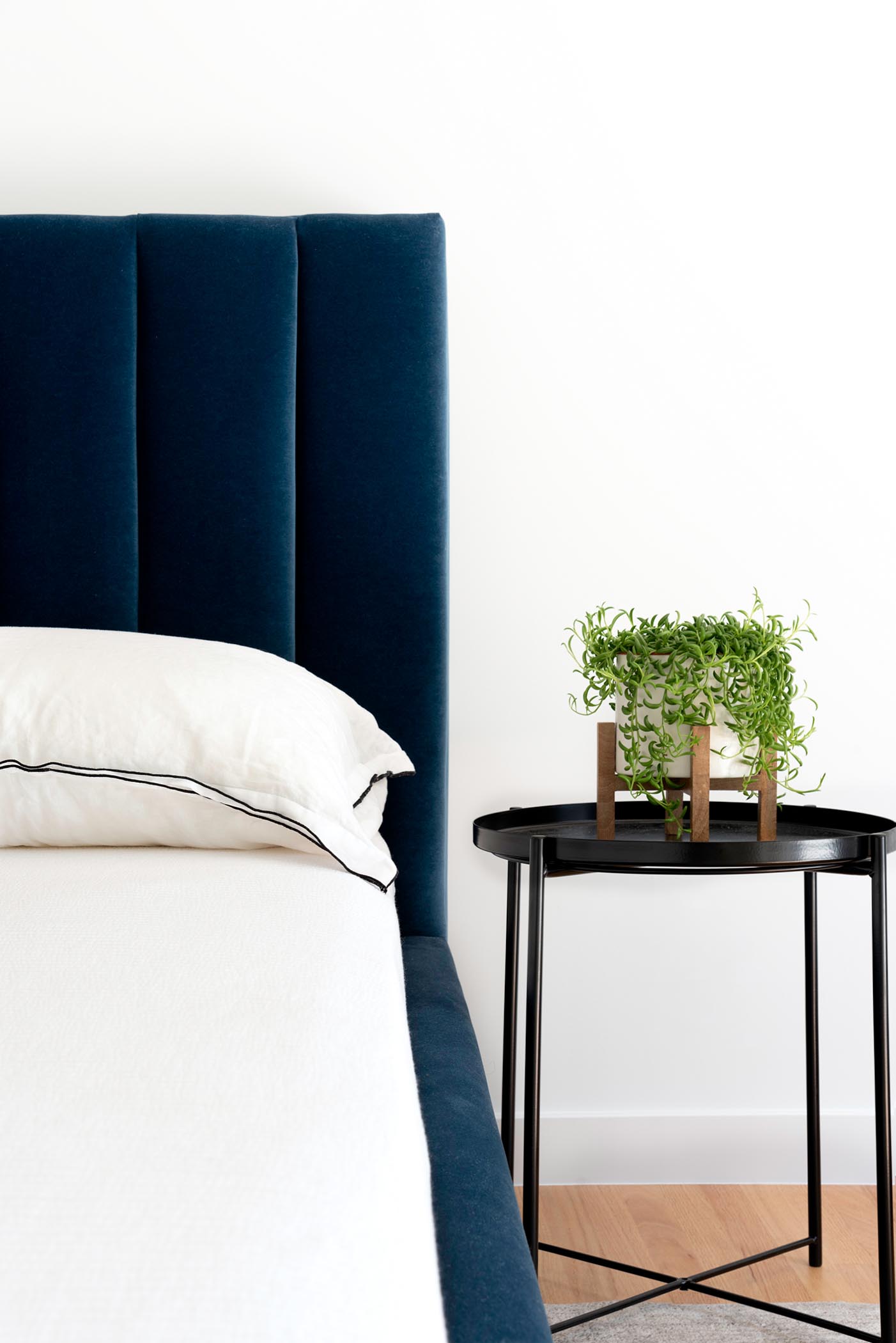 A bedroom with a deep, royal blue velvet headboard and bed frame, and a matte black side table with a small plant.