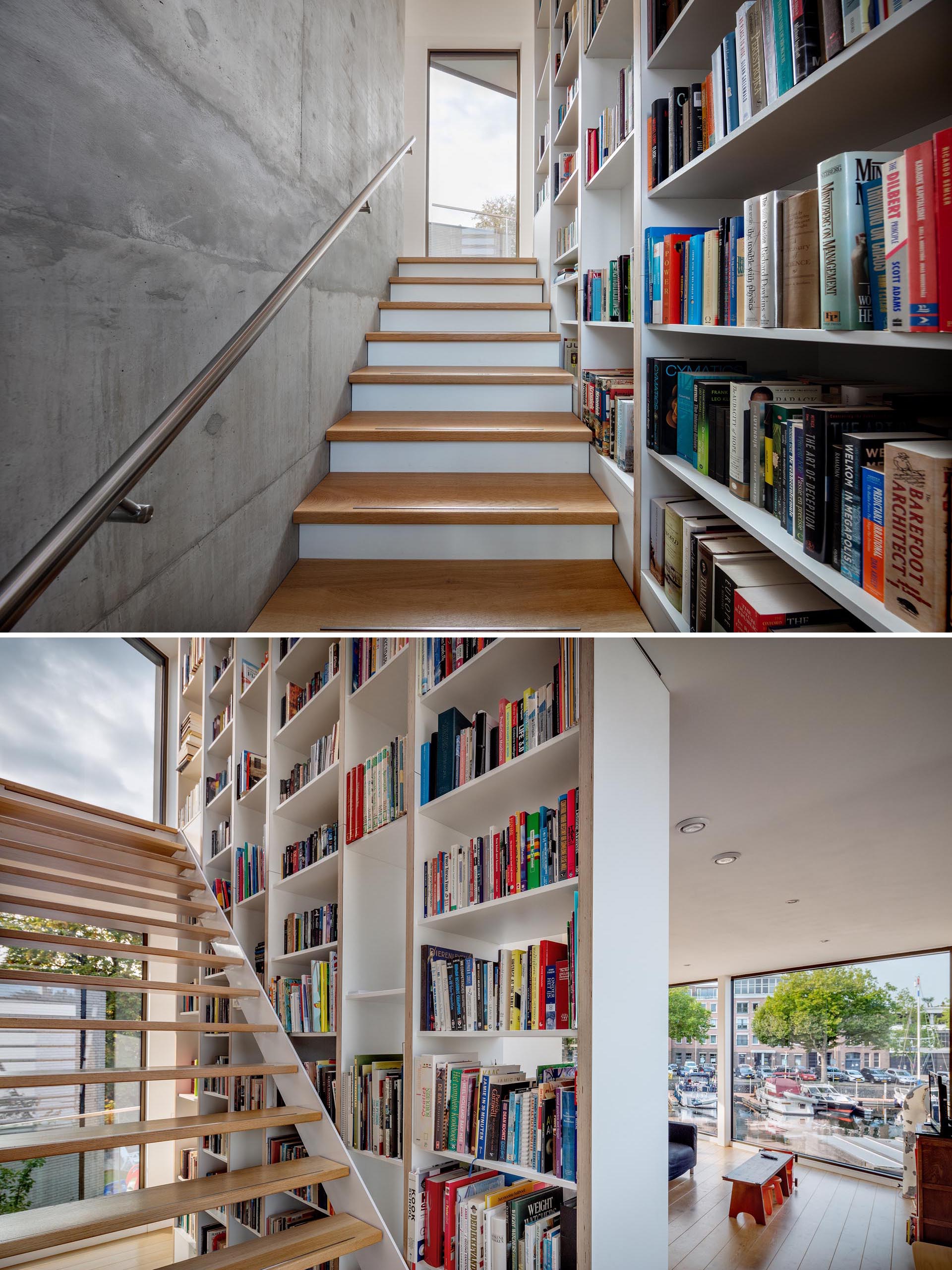 A tall bookshelf lines a staircase.