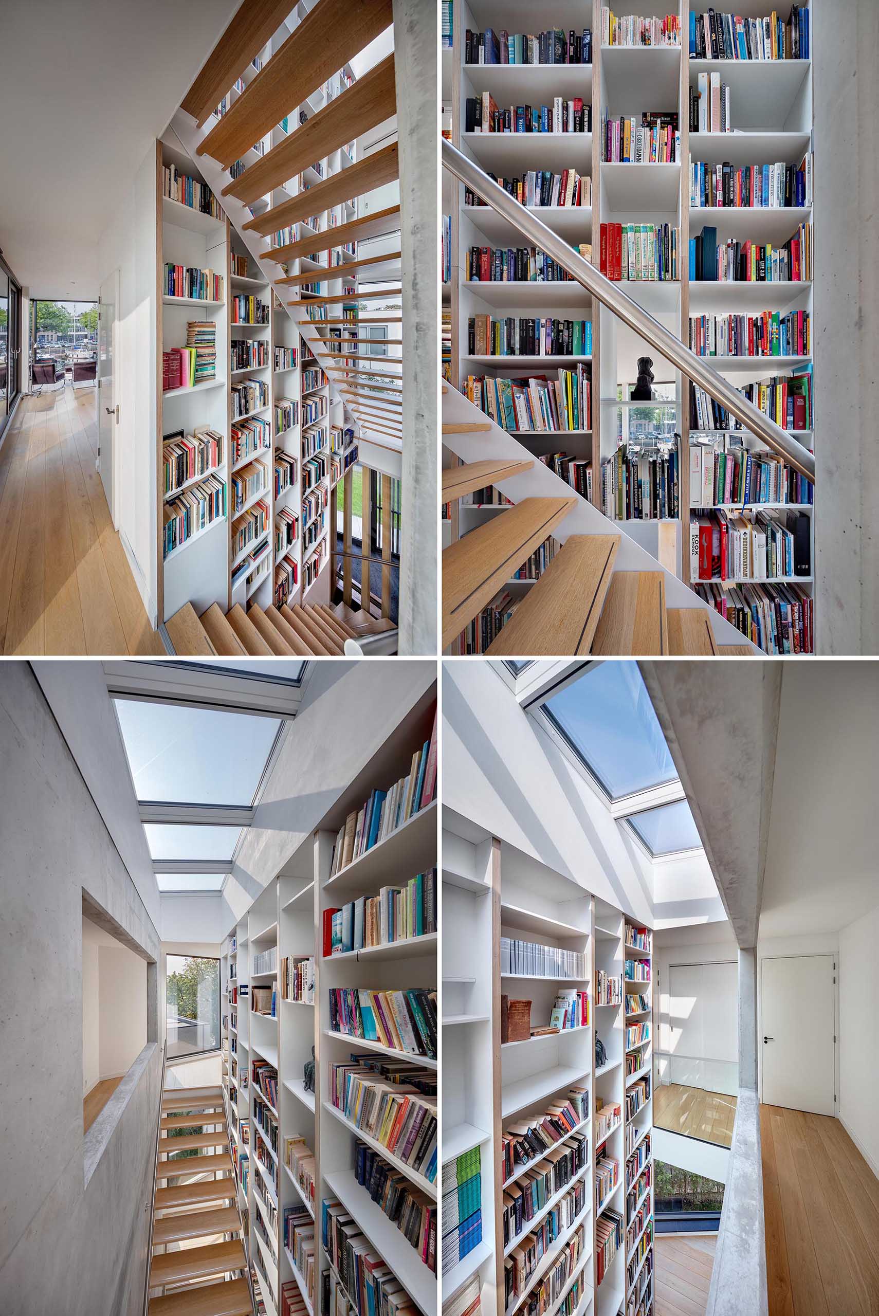 A bookcase that travels through the three floors of a modern house.