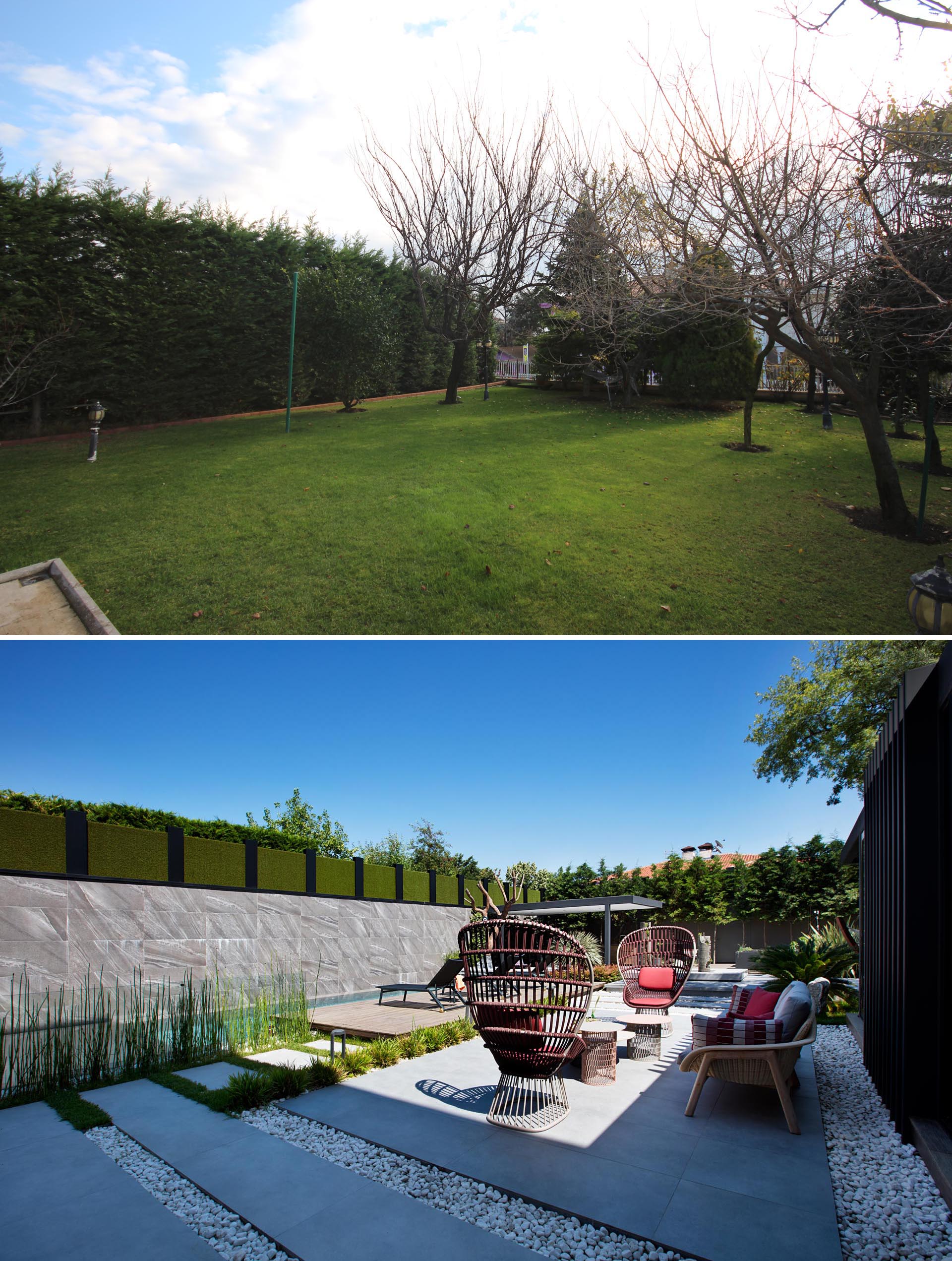 A modern yard renovation with a swimming pool, deck, and outdoor lounge.