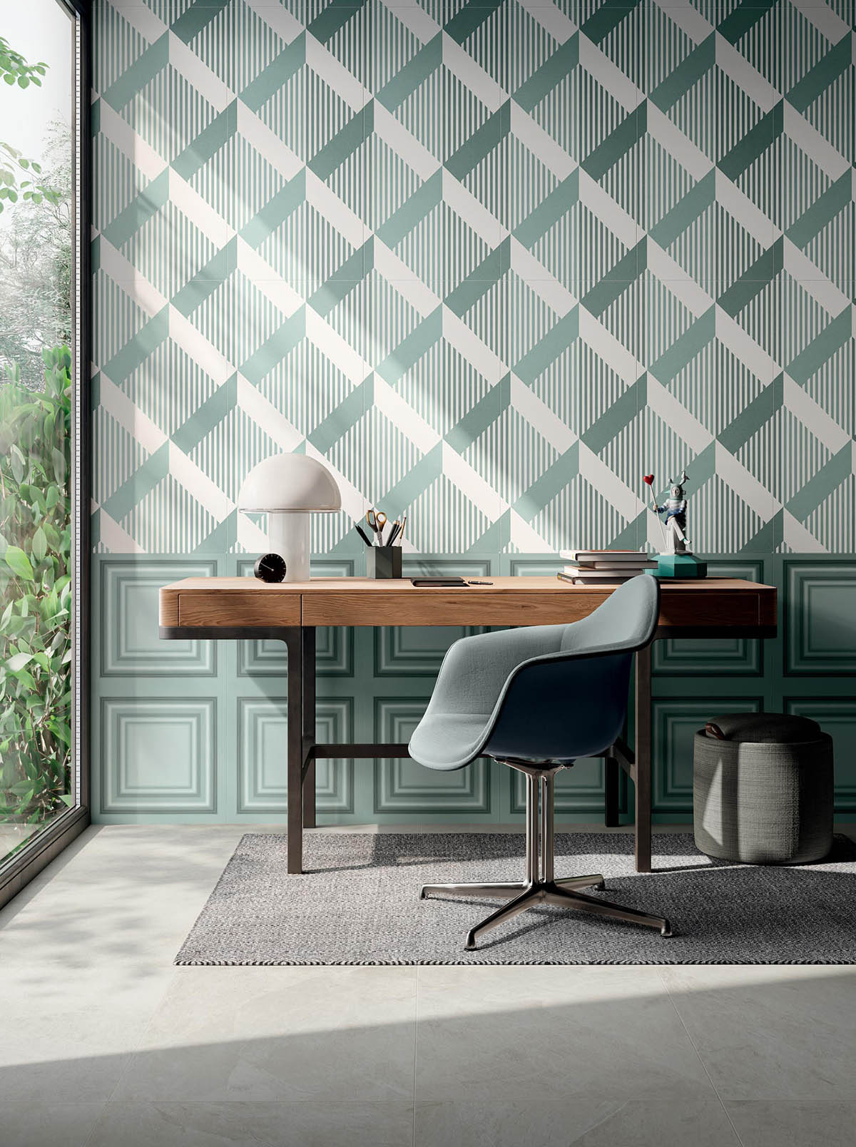 Characterized by bold geometric shapes and decadent details, deco tiles feature chevron patterns, arches of contrasting marble, and scallops full of color. 