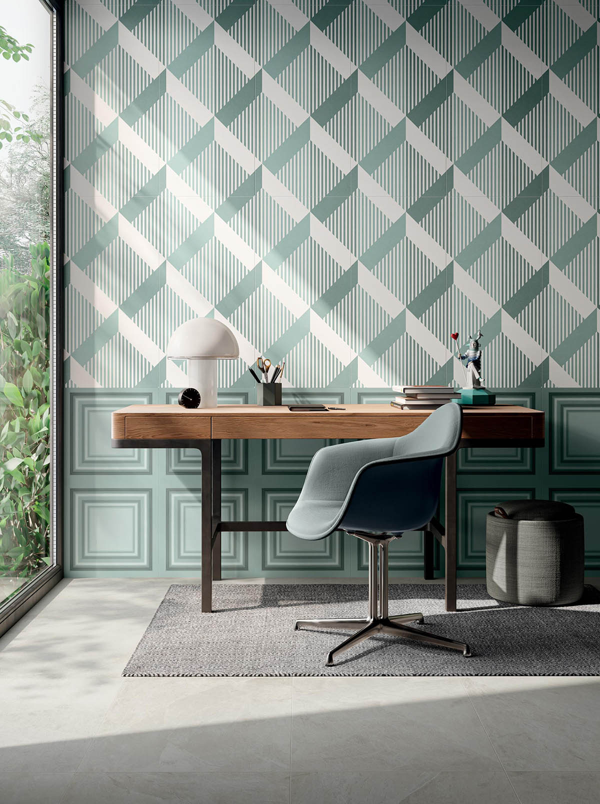 Characterized by bold geometric shapes and decadent details, deco tiles feature chevron patterns, arches of contrasting marble, and scallops full of color.