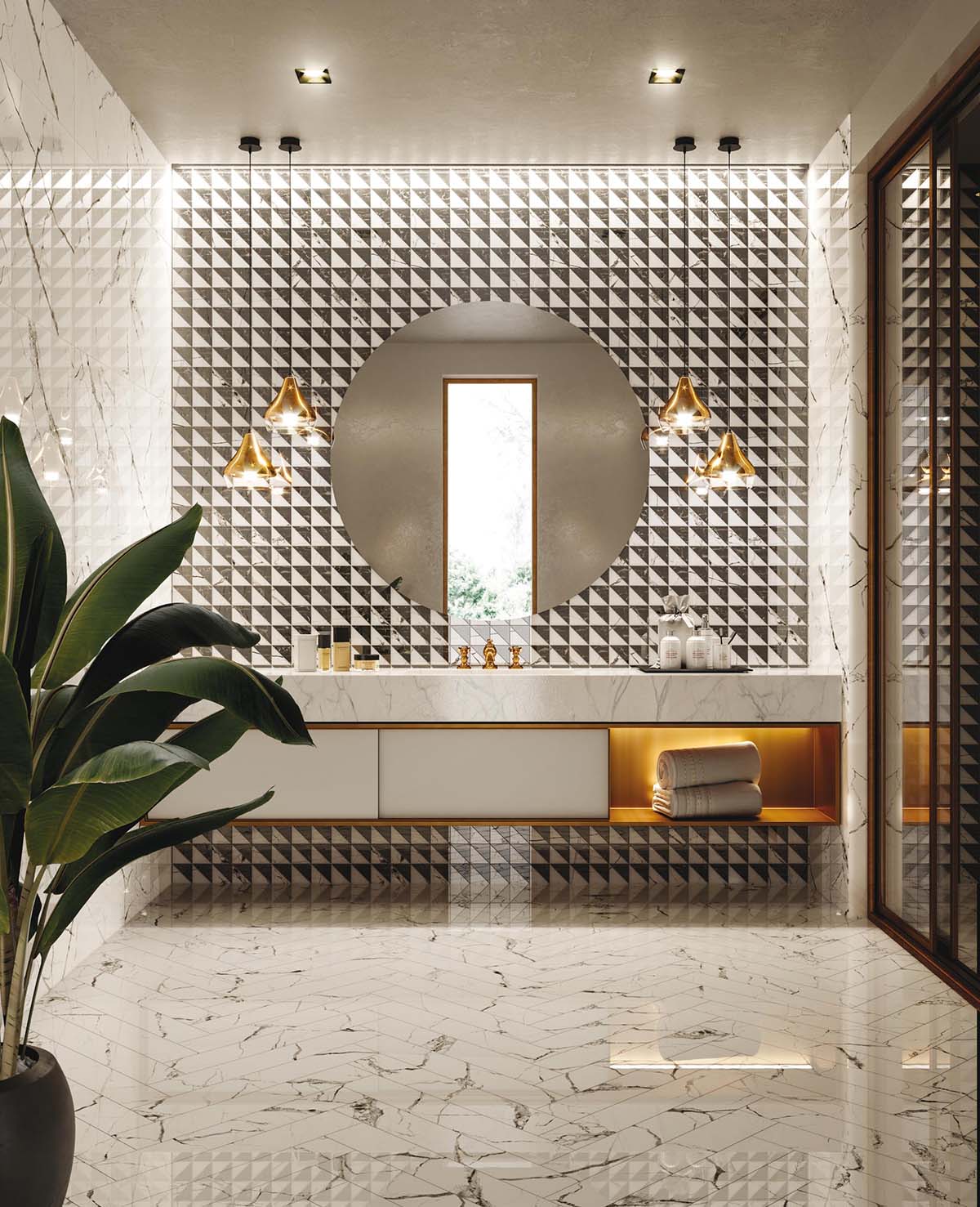 Characterized by bold geometric shapes and decadent details, deco tiles feature chevron patterns, arches of contrasting marble, and scallops full of color. 