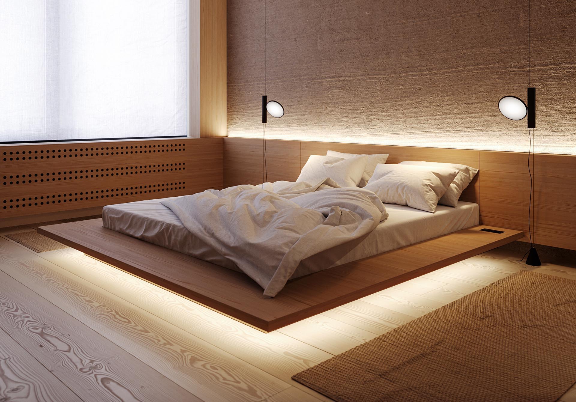 A modern bedroom that uses wood furniture and LED lighting to create a warm and calming environment.