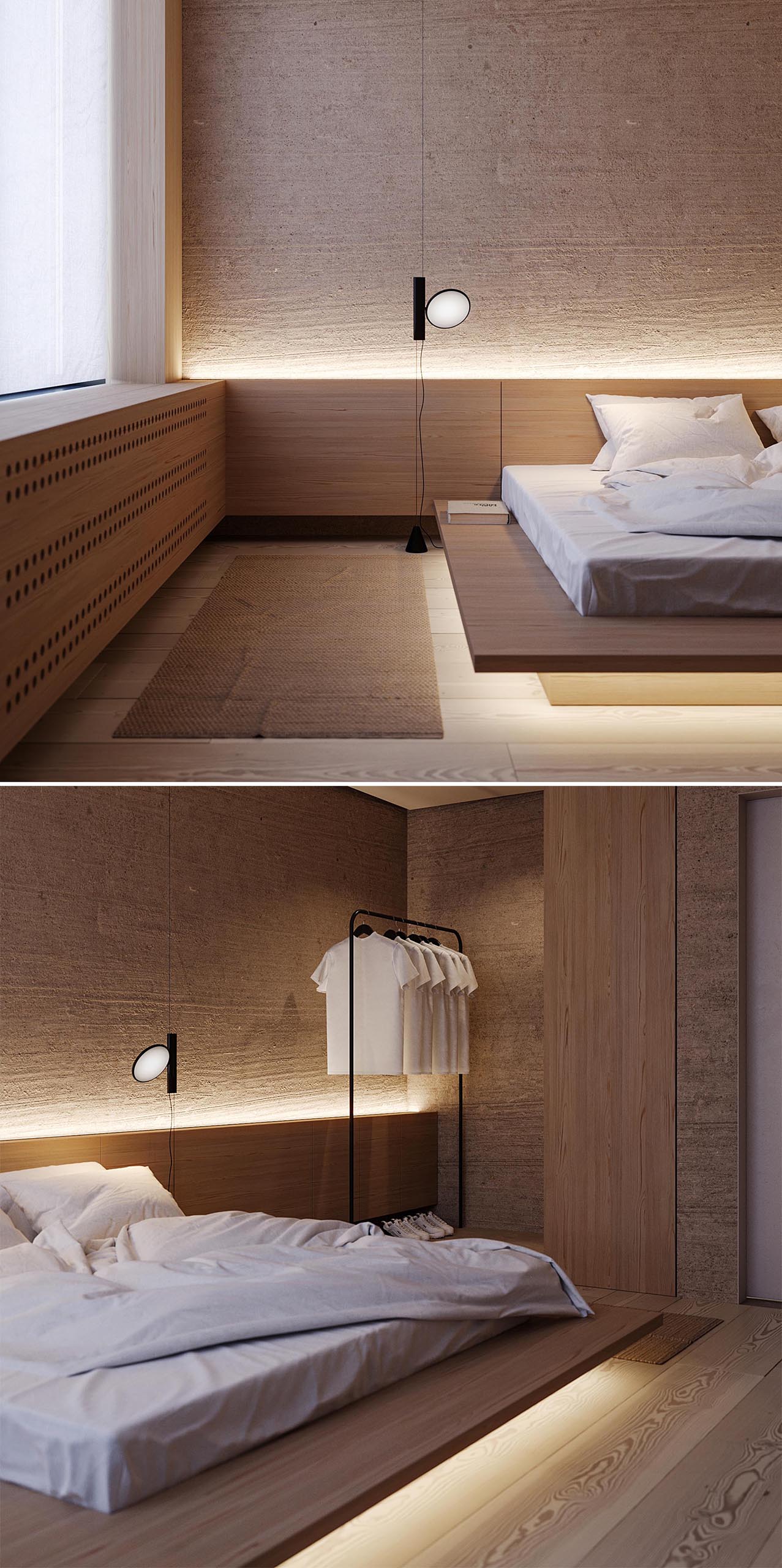 A modern bedroom that uses wood furniture and LED lighting to create a warm and calming environment.