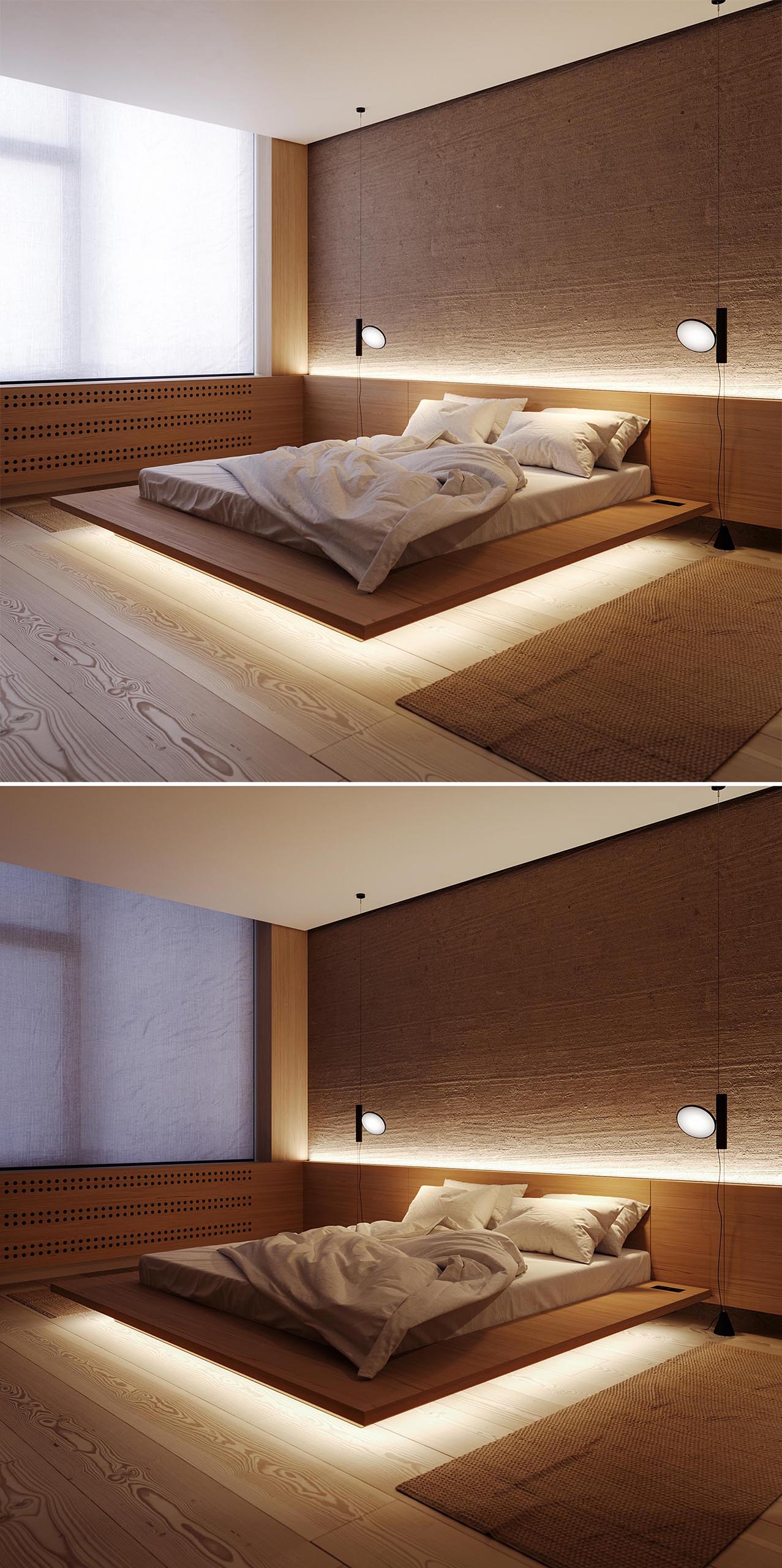 A modern bedroom with LED lighting that highlights the headboard and gives the bed the appearance of floating.