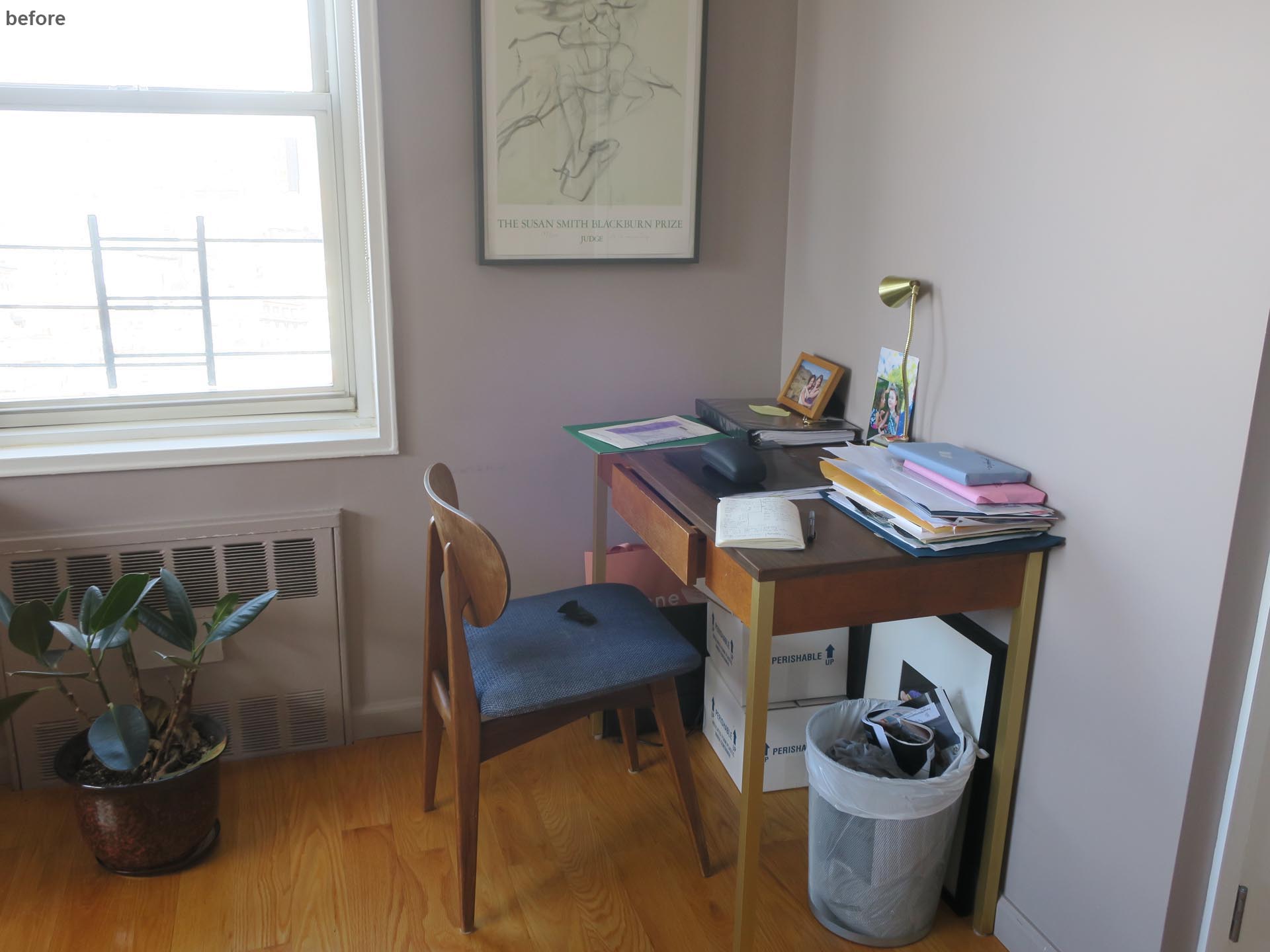 Before photo - a small desk in the corner with hardly any storage.