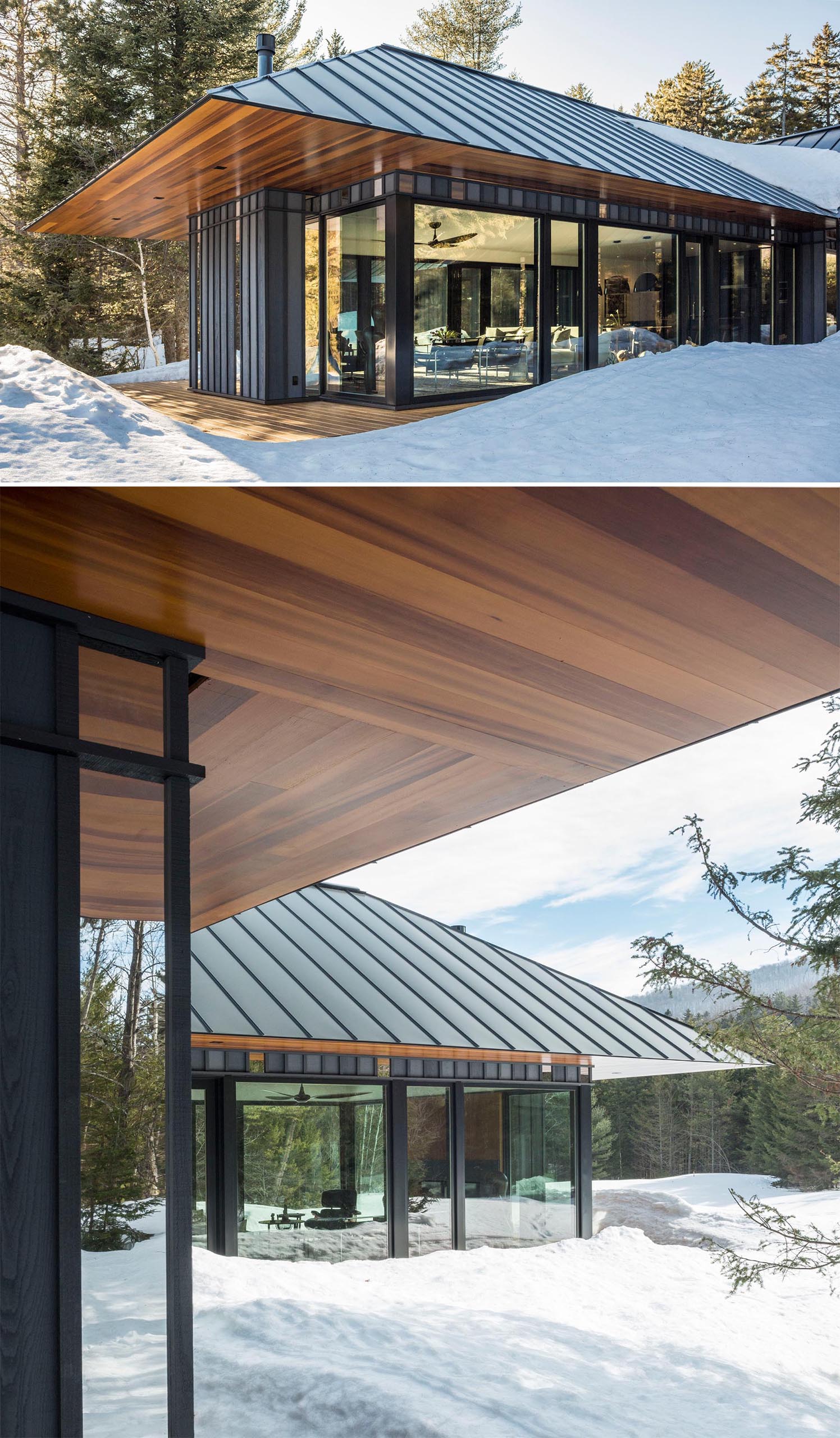 This modern home has standing seam black metal roof, and a knife-edged cedar soffit that's aligned to the cedar deck below.